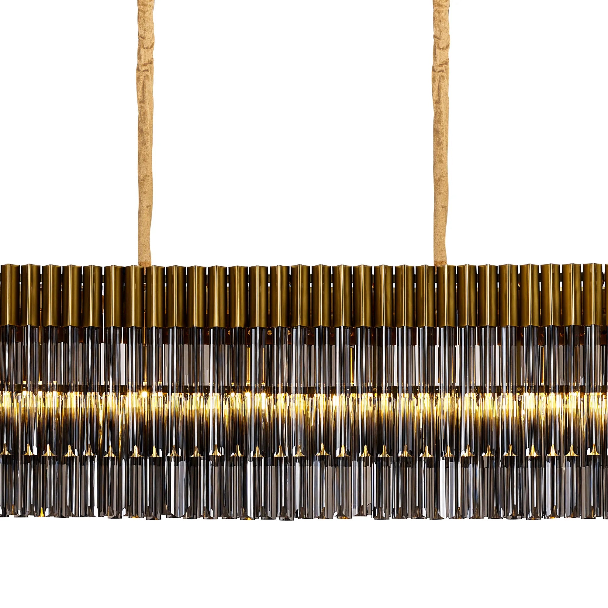 Cedar 300 x 40cm Linear Pendant 16 Light - Brass & Smoked Sculpted Glass