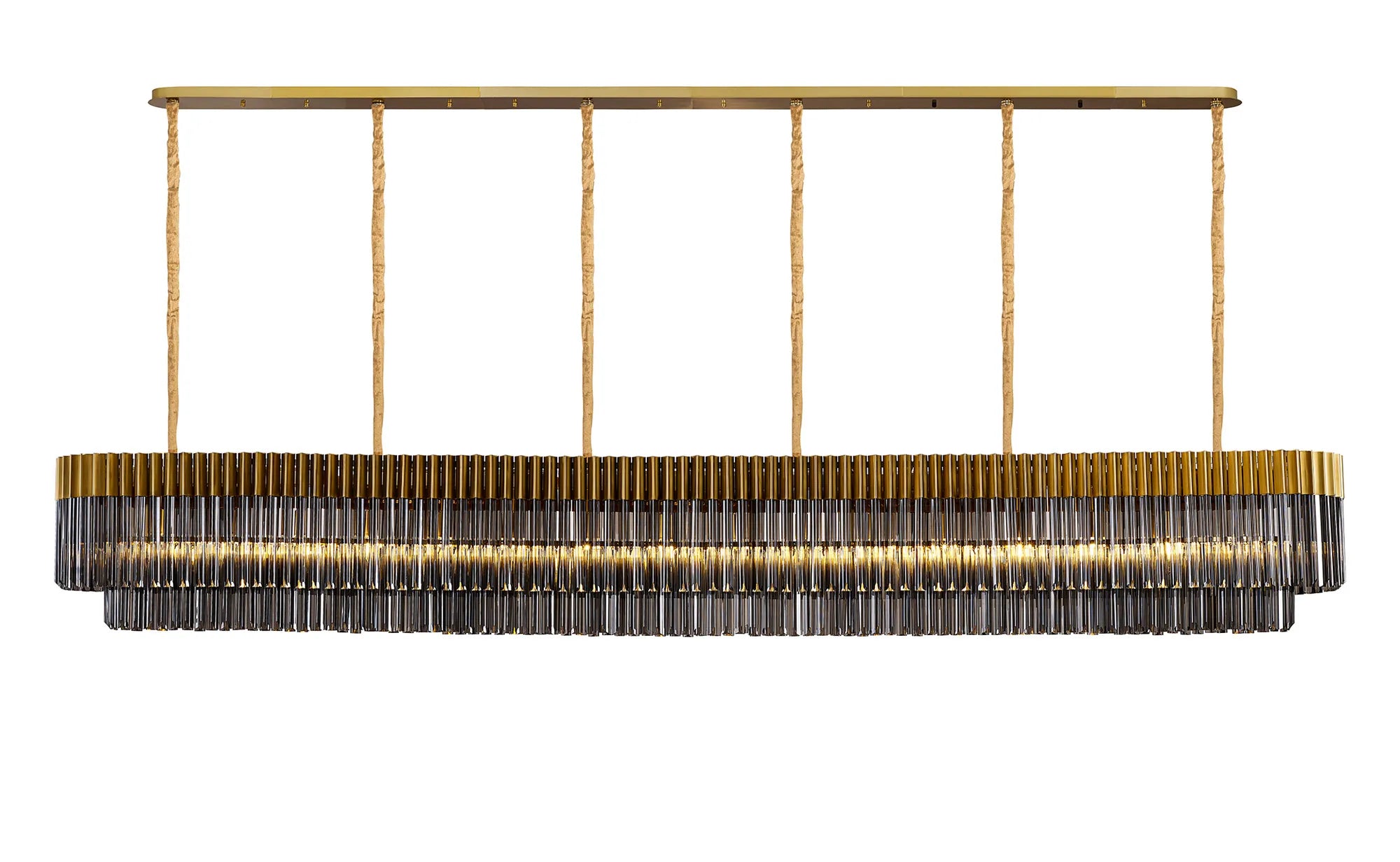 Cedar 300 x 40cm Linear Pendant 16 Light - Brass & Smoked Sculpted Glass