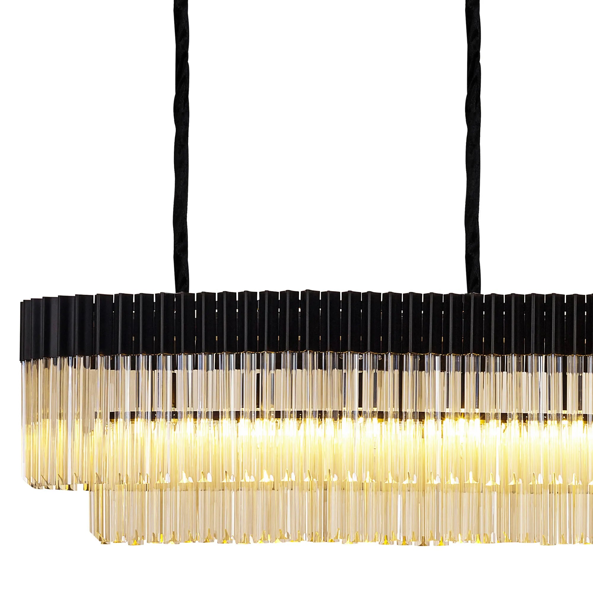 Cedar 300 x 40cm Linear Pendant 16 Light - Matt Black & Cognac Sculpted Glass