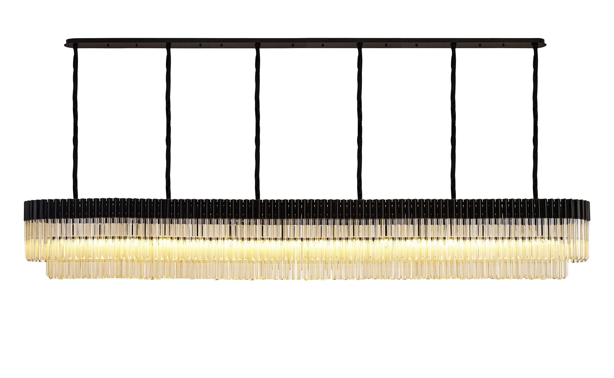 Cedar 300 x 40cm Linear Pendant 16 Light - Matt Black & Cognac Sculpted Glass