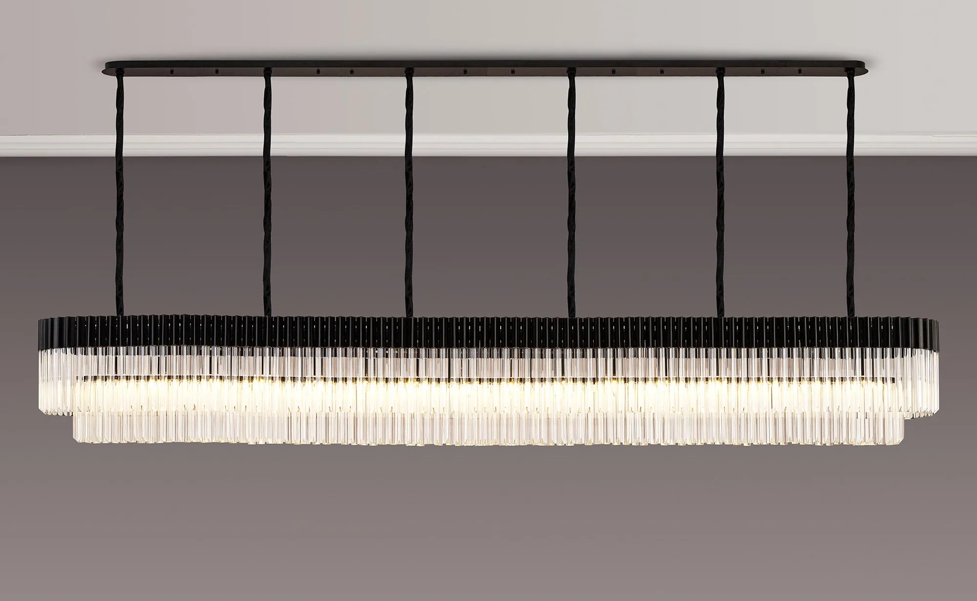 Cedar 300 x 40cm Linear Pendant 16 Light - Matt Black & Clear Sculpted Glass