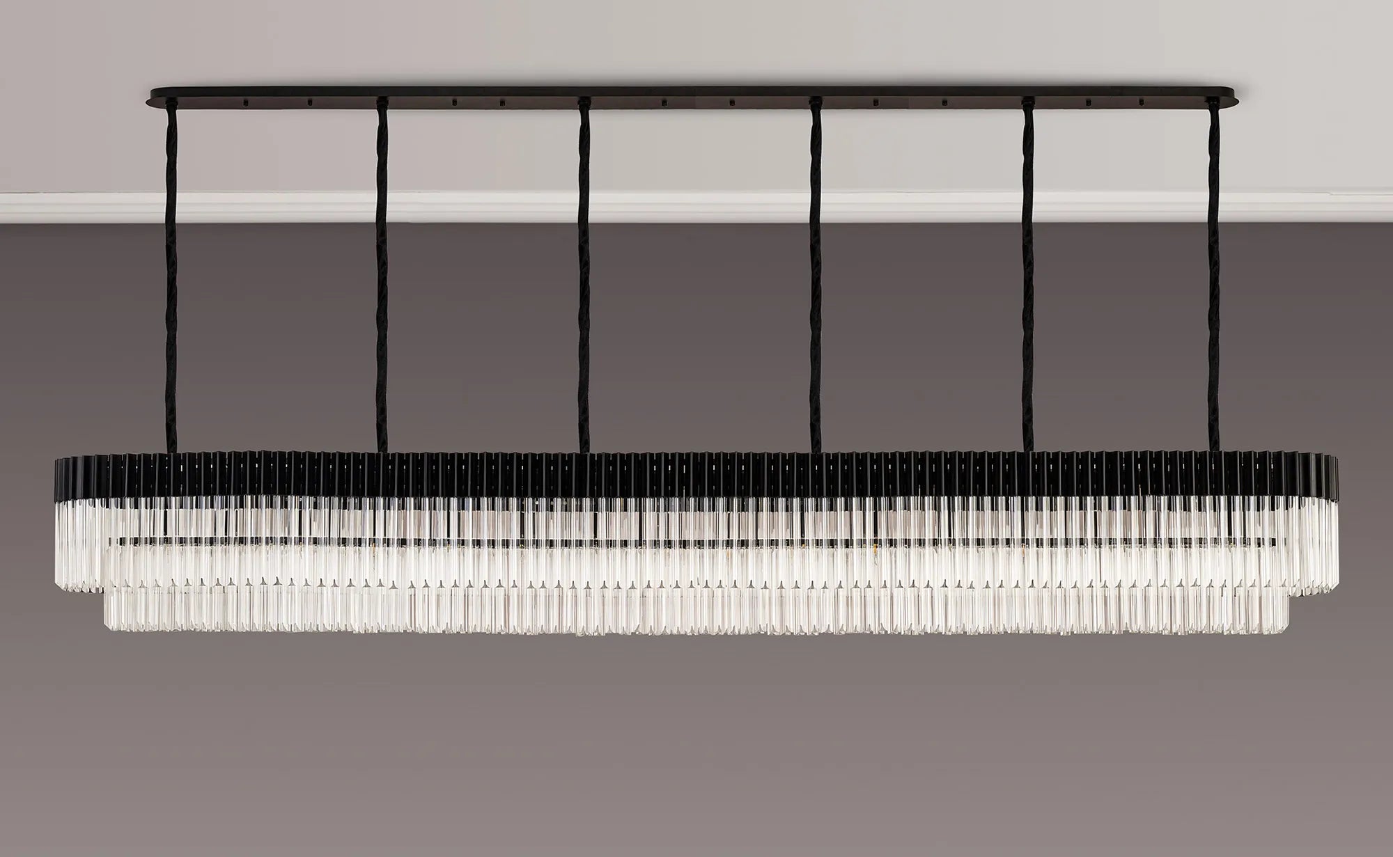 Cedar 300 x 40cm Linear Pendant 16 Light - Matt Black & Clear Sculpted Glass
