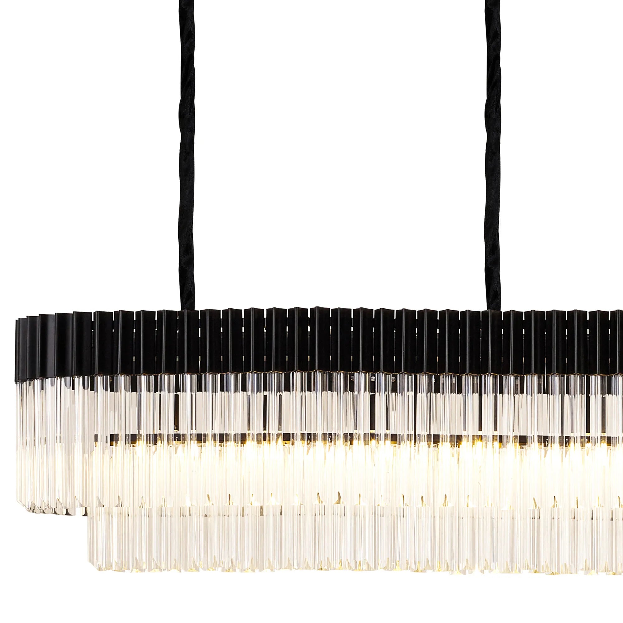Cedar 300 x 40cm Linear Pendant 16 Light - Matt Black & Clear Sculpted Glass