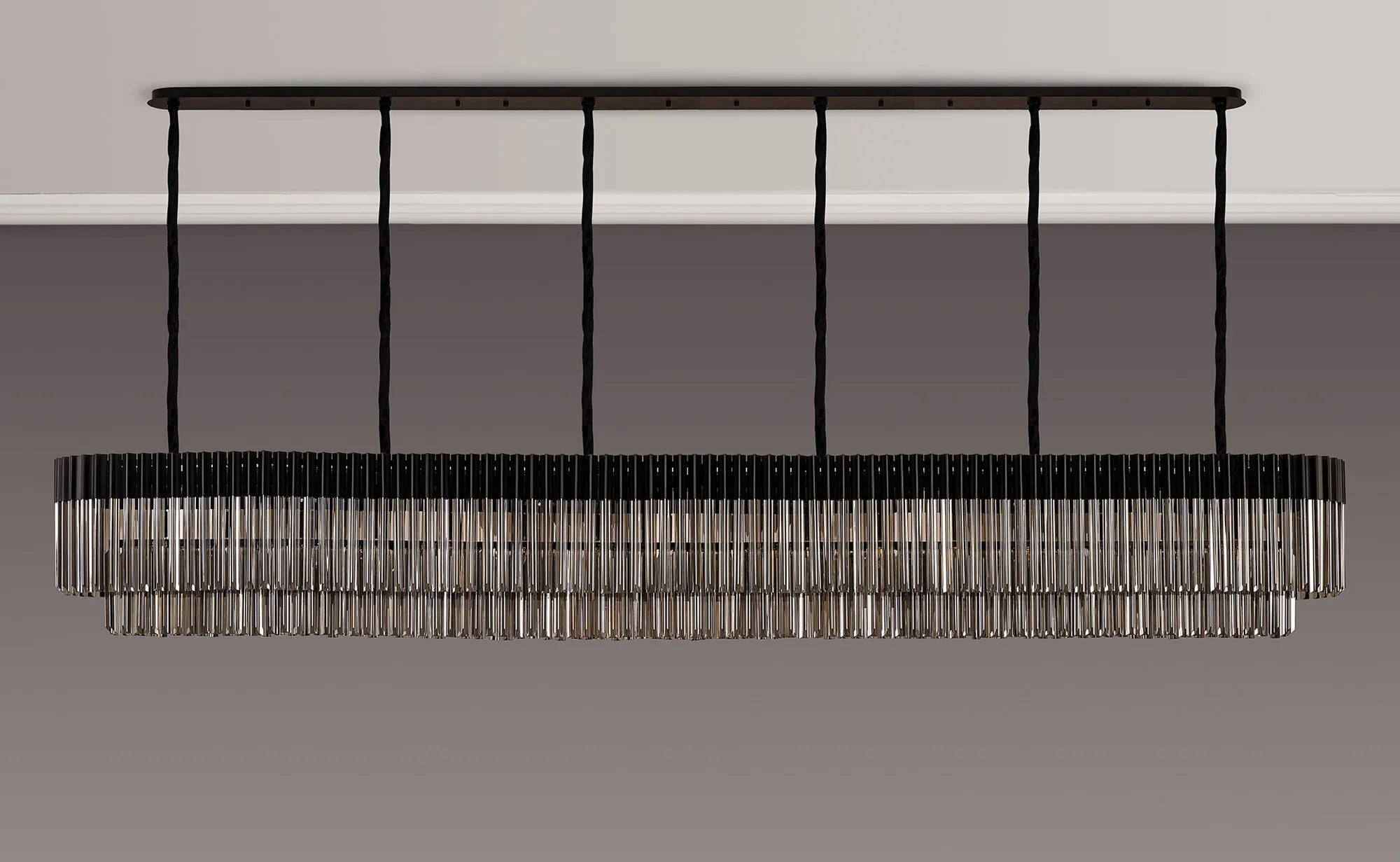 Cedar 300 x 40cm Linear Pendant 16 Light - Matt Black & Smoked Sculpted Glass