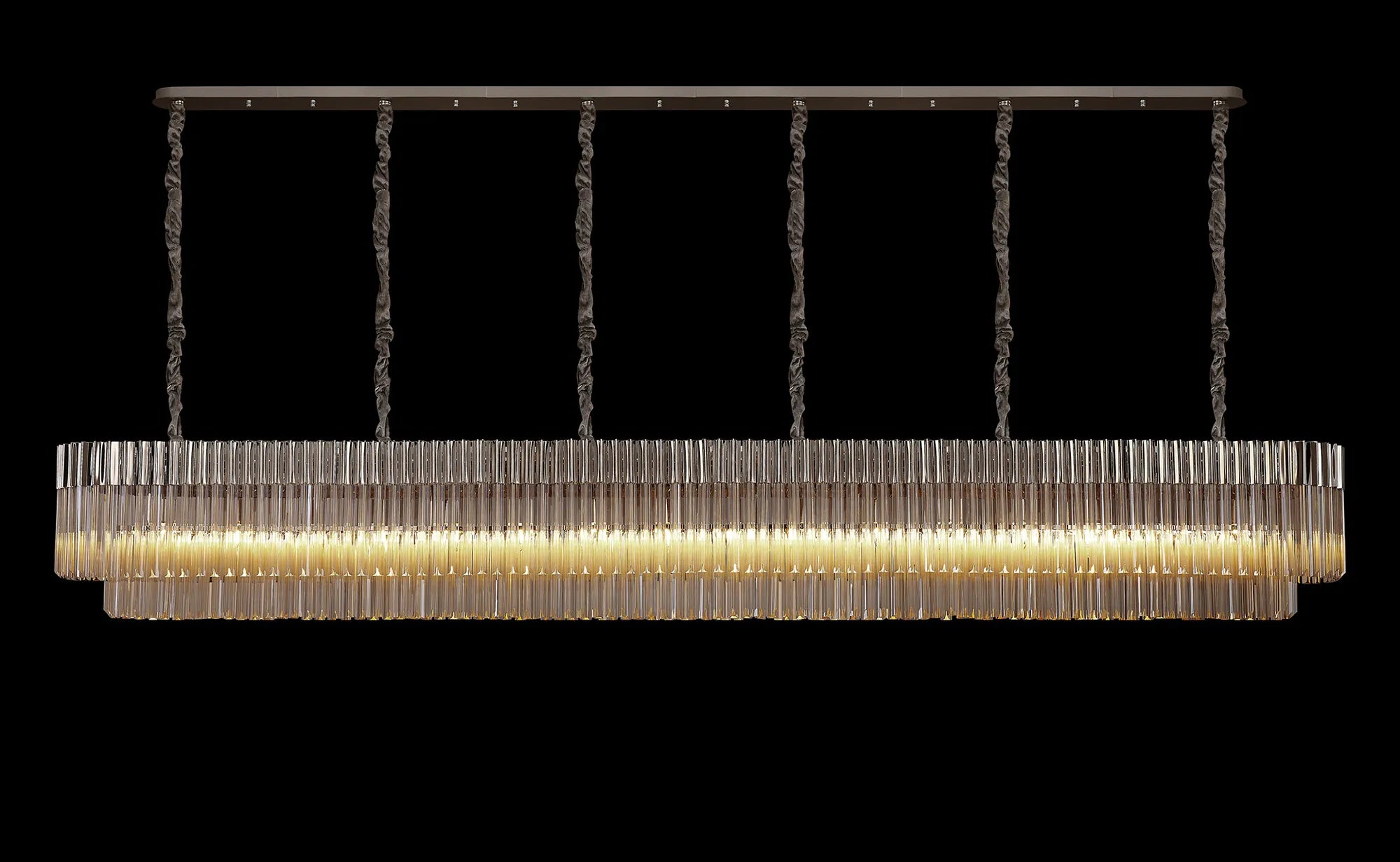 Cedar 300 x 40cm Linear Pendant 16 Light - Polished Nickel & Cognac Sculpted Glass