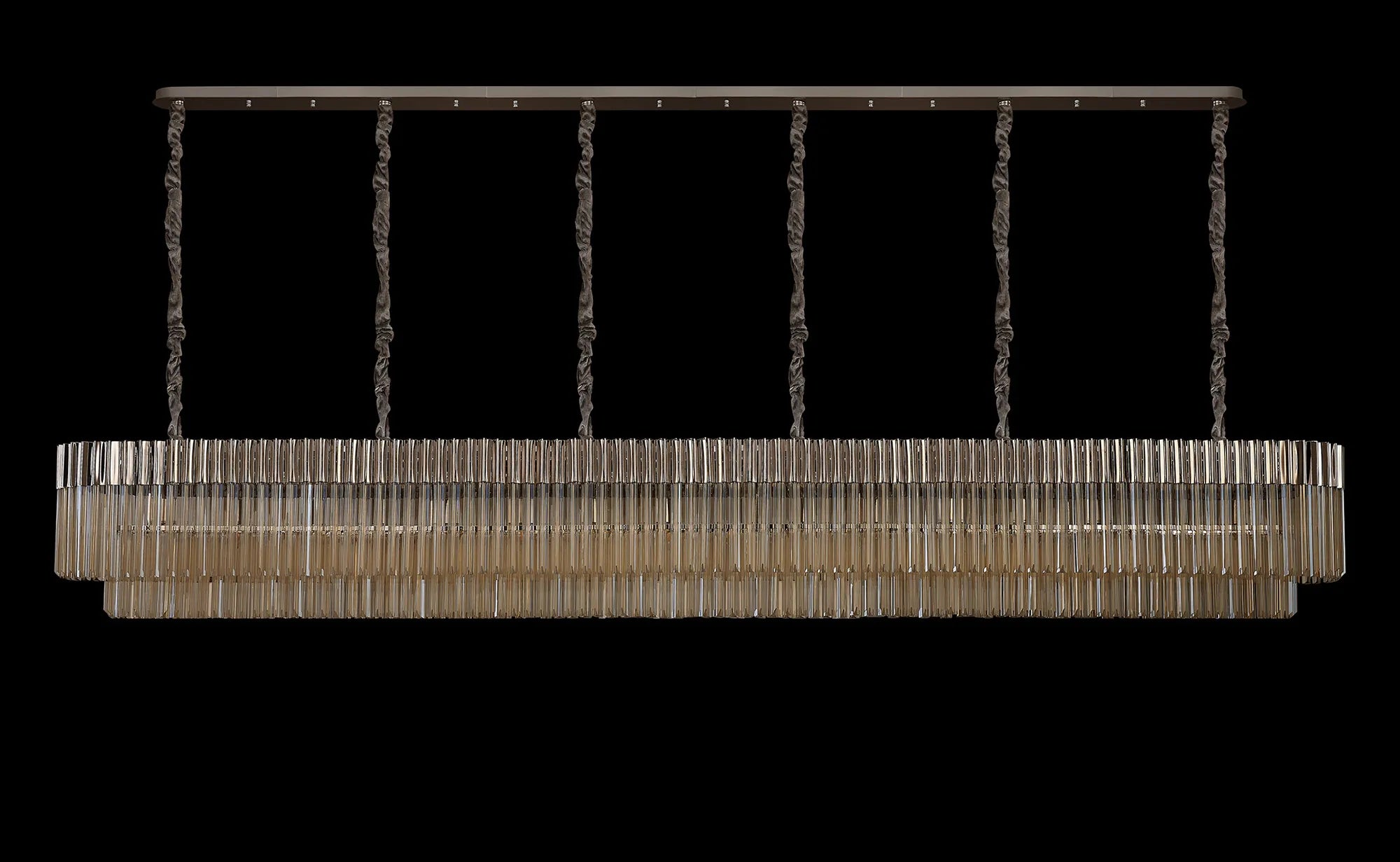 Cedar 300 x 40cm Linear Pendant 16 Light - Polished Nickel & Cognac Sculpted Glass