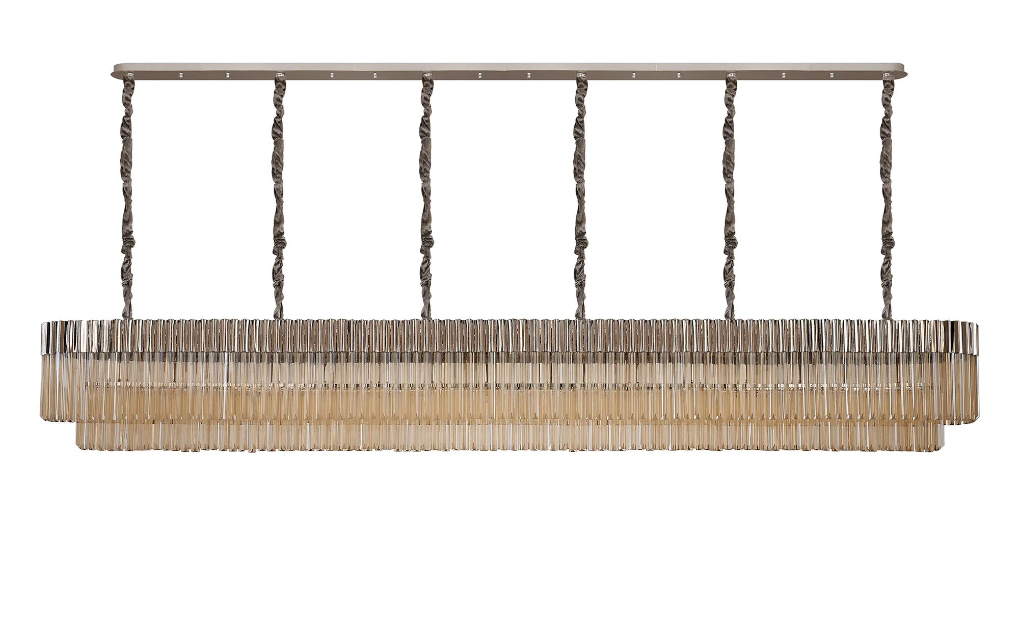 Cedar 300 x 40cm Linear Pendant 16 Light - Polished Nickel & Cognac Sculpted Glass