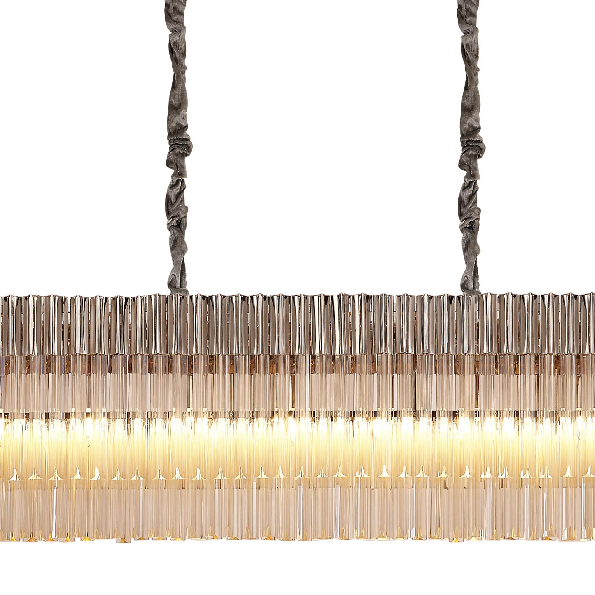 Cedar 300 x 40cm Linear Pendant 16 Light - Polished Nickel & Cognac Sculpted Glass
