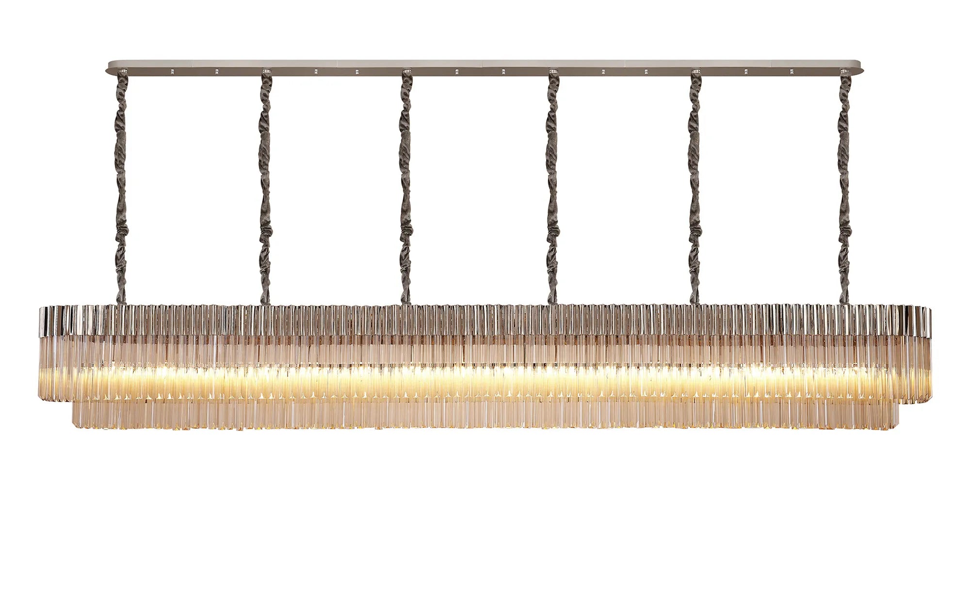 Cedar 300 x 40cm Linear Pendant 16 Light - Polished Nickel & Cognac Sculpted Glass