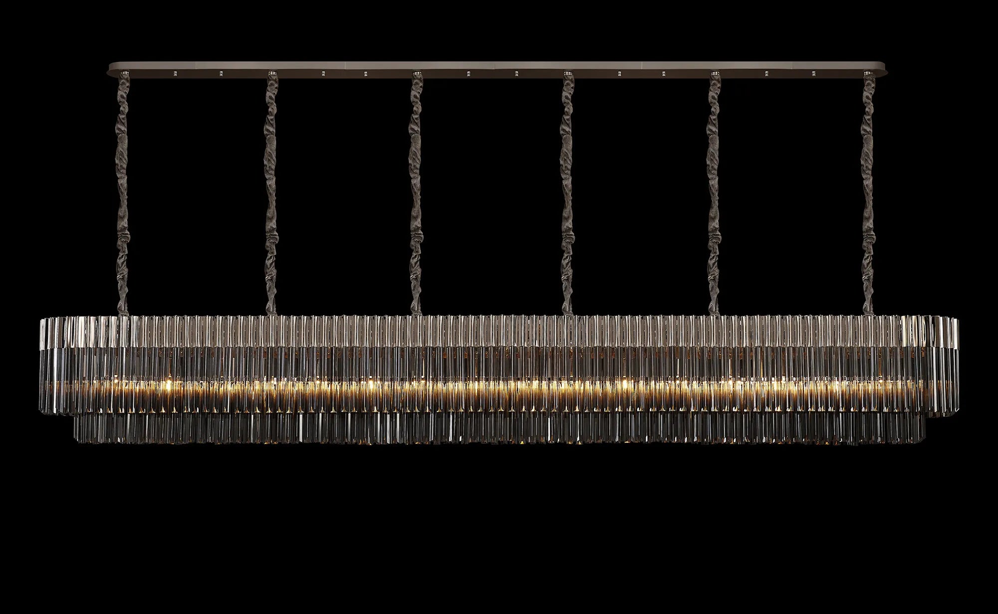 Cedar 300 x 40cm Linear Pendant 16 Light - Polished Nickel & Smoked Sculpted Glass