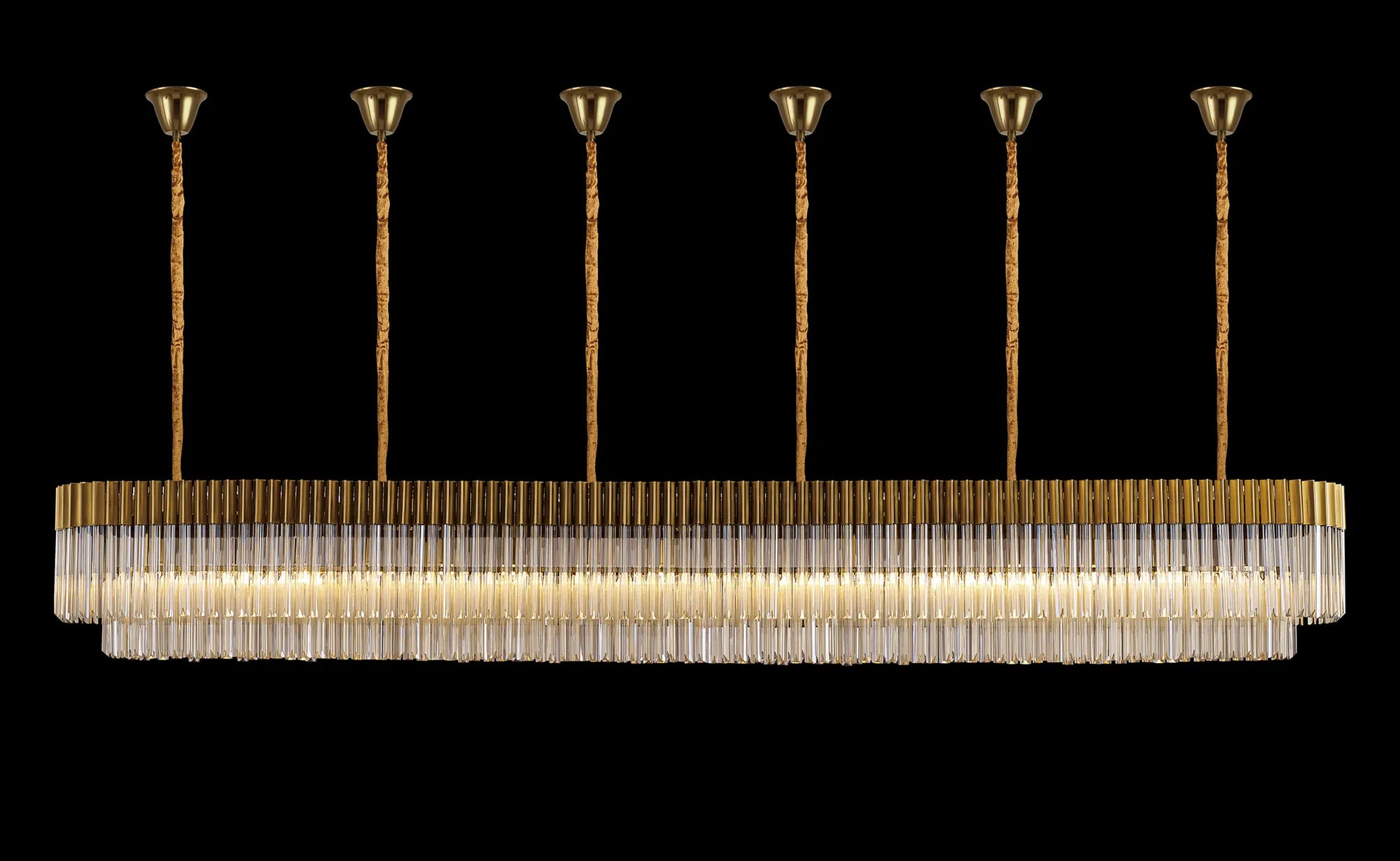 Cedar 300 x 40cm Linear Pendant With Bell Cup 16 Light - Brass & Cognac Sculpted Glass