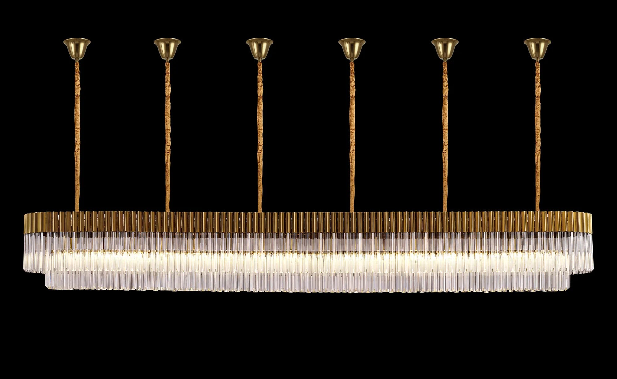 Cedar 300 x 40cm Linear Pendant With Bell Cup 16 Light - Brass & Clear Sculpted Glass