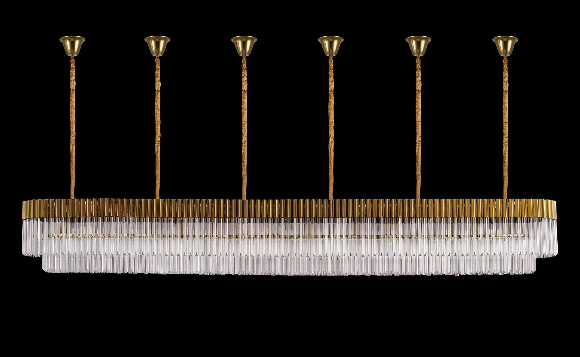 Cedar 300 x 40cm Linear Pendant With Bell Cup 16 Light - Brass & Clear Sculpted Glass