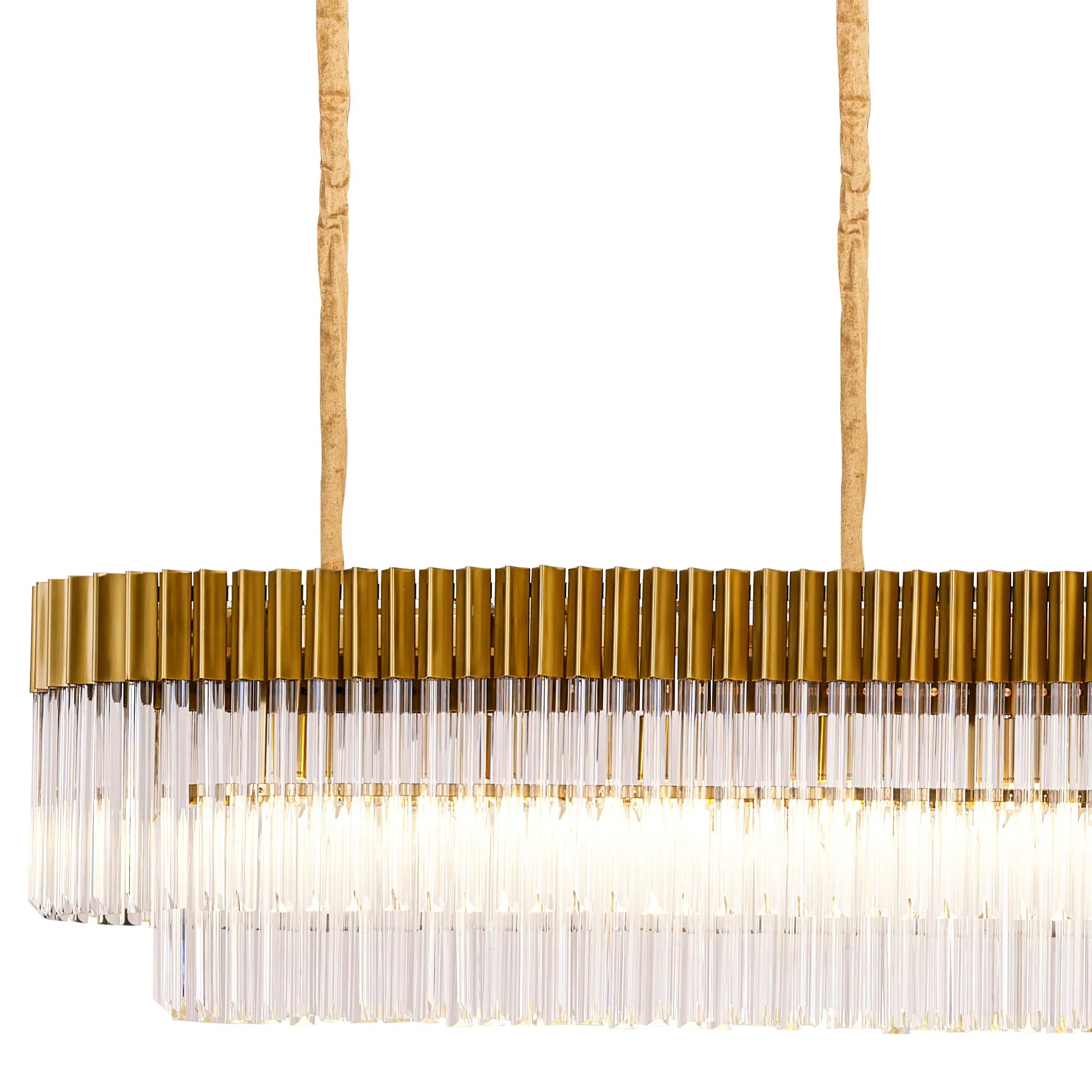Cedar 300 x 40cm Linear Pendant With Bell Cup 16 Light - Brass & Clear Sculpted Glass