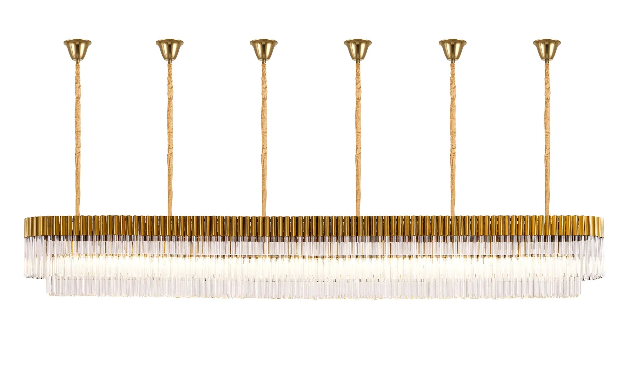 Cedar 300 x 40cm Linear Pendant With Bell Cup 16 Light - Brass & Clear Sculpted Glass