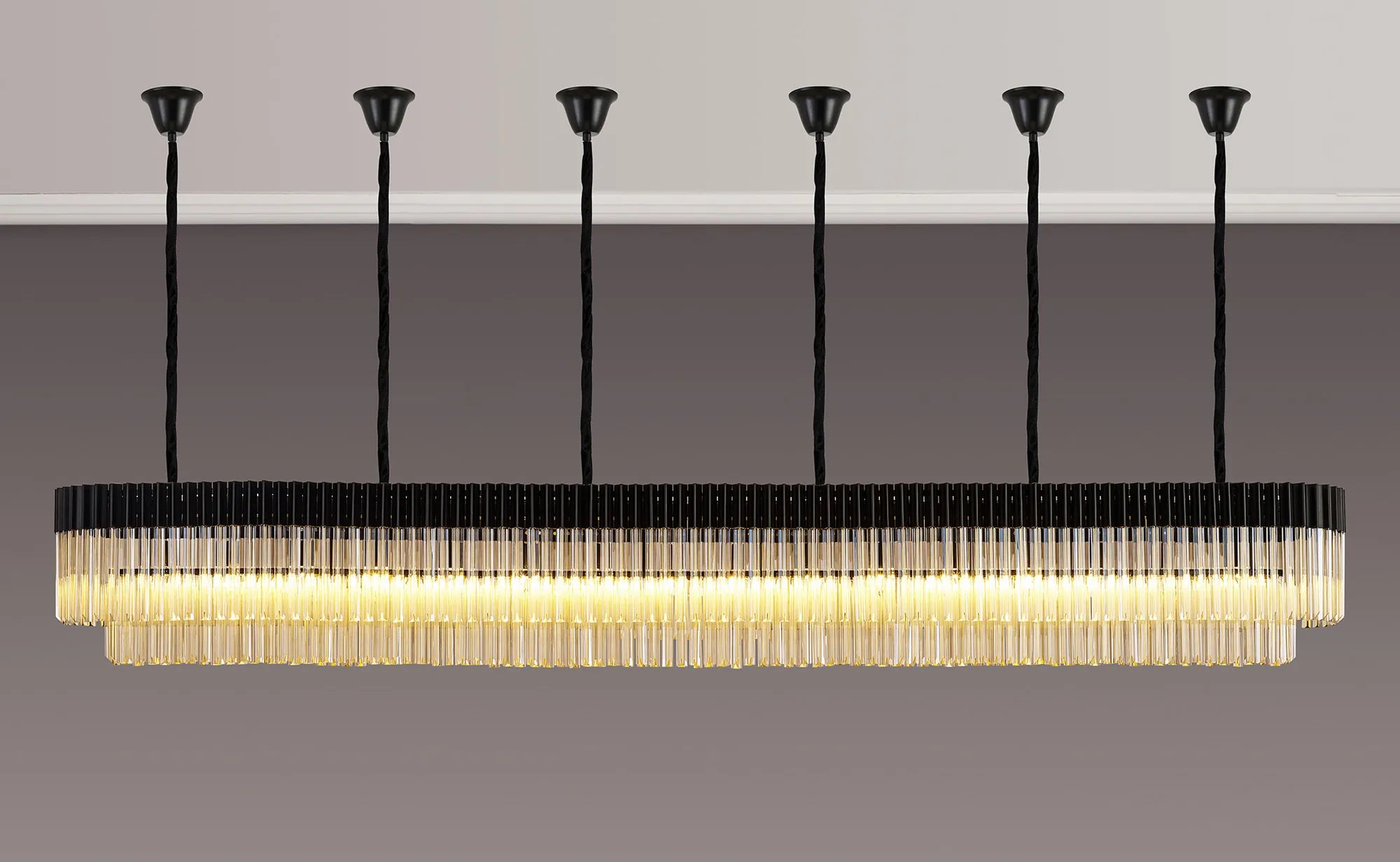 Cedar 300 x 40cm Linear Pendant With Bell Cup 16 Light - Matt Black & Cognac Sculpted Glass