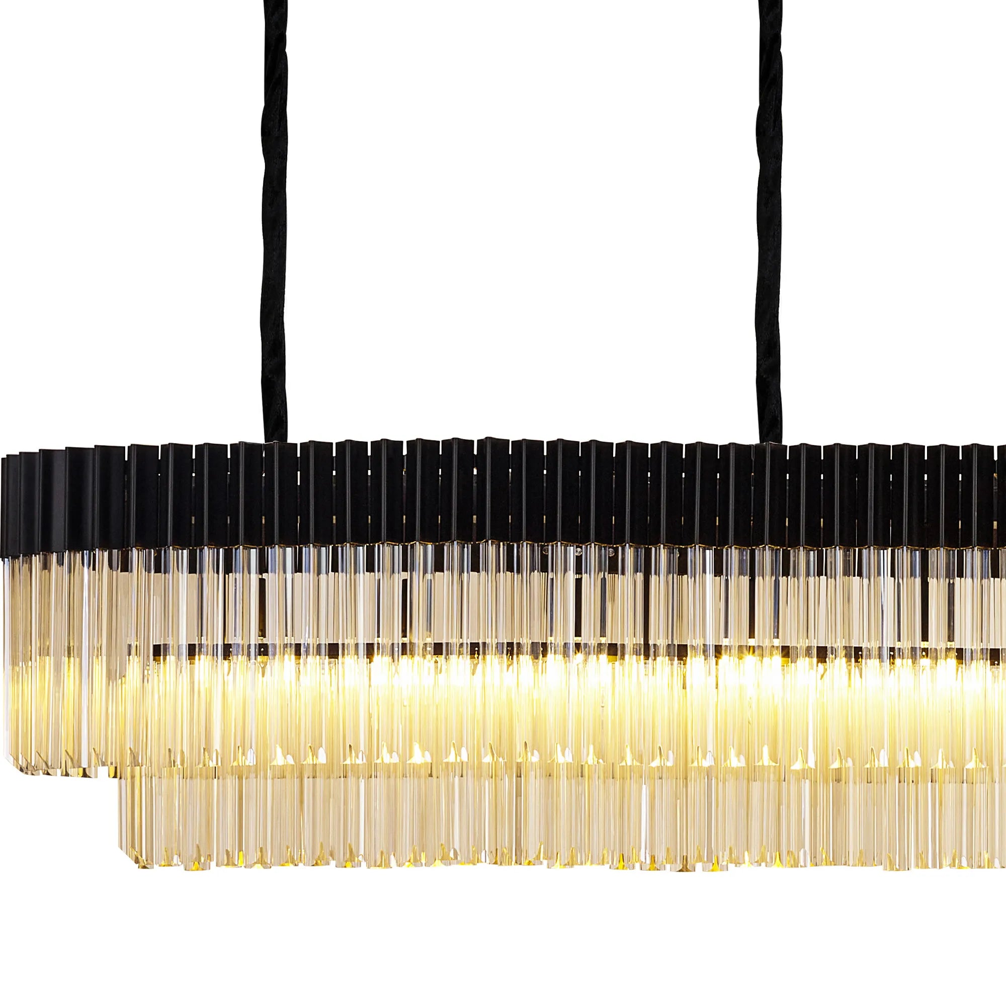 Cedar 300 x 40cm Linear Pendant With Bell Cup 16 Light - Matt Black & Cognac Sculpted Glass