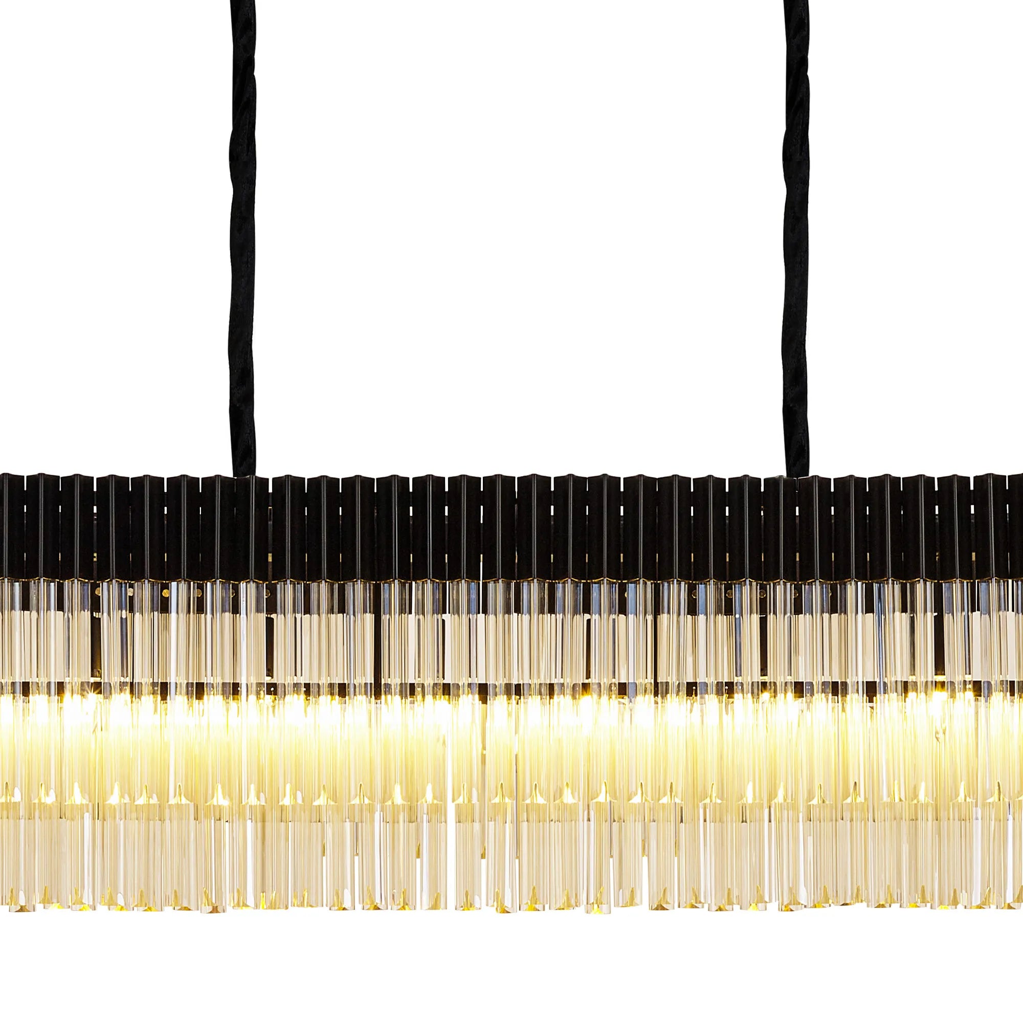Cedar 300 x 40cm Linear Pendant With Bell Cup 16 Light - Matt Black & Cognac Sculpted Glass