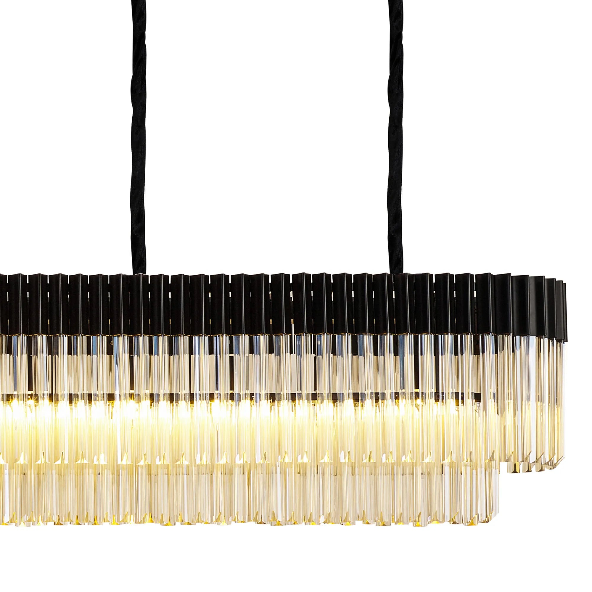 Cedar 300 x 40cm Linear Pendant With Bell Cup 16 Light - Matt Black & Cognac Sculpted Glass