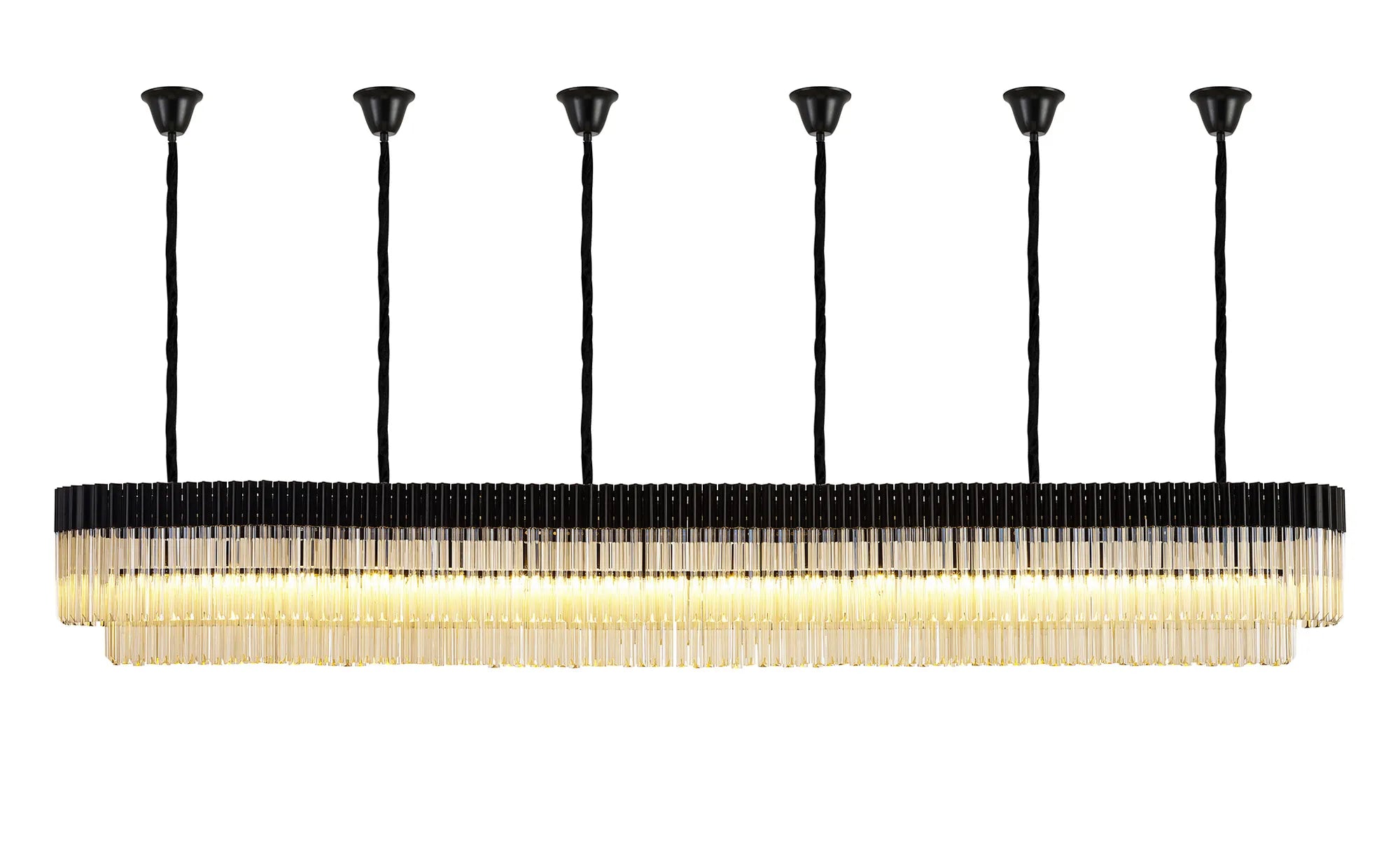 Cedar 300 x 40cm Linear Pendant With Bell Cup 16 Light - Matt Black & Cognac Sculpted Glass