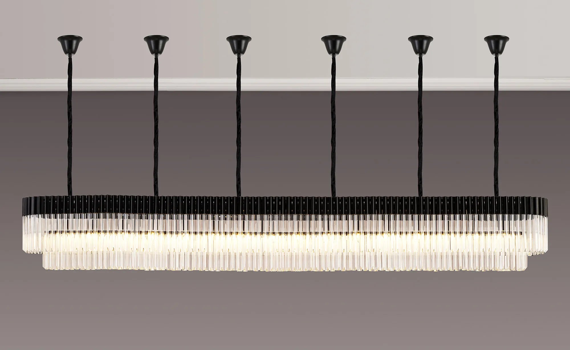 Cedar 300 x 40cm Linear Pendant With Bell Cup 16 Light - Matt Black & Clear Sculpted Glass