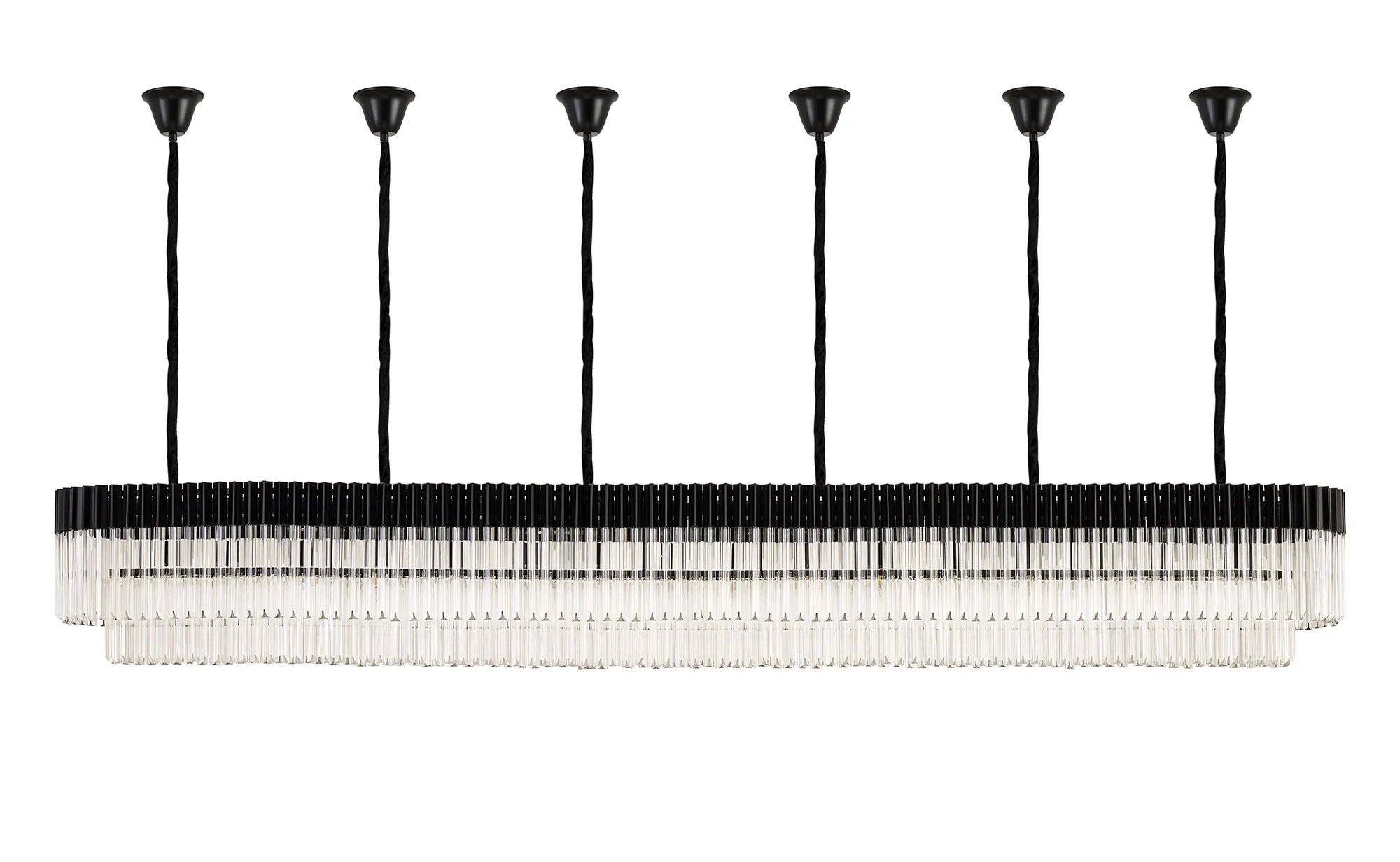 Cedar 300 x 40cm Linear Pendant With Bell Cup 16 Light - Matt Black & Clear Sculpted Glass