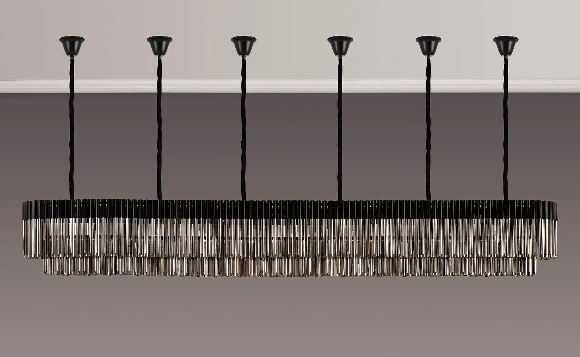 Cedar 300 x 40cm Linear Pendant With Bell Cup 16 Light - Matt Black & Smoked Sculpted Glass