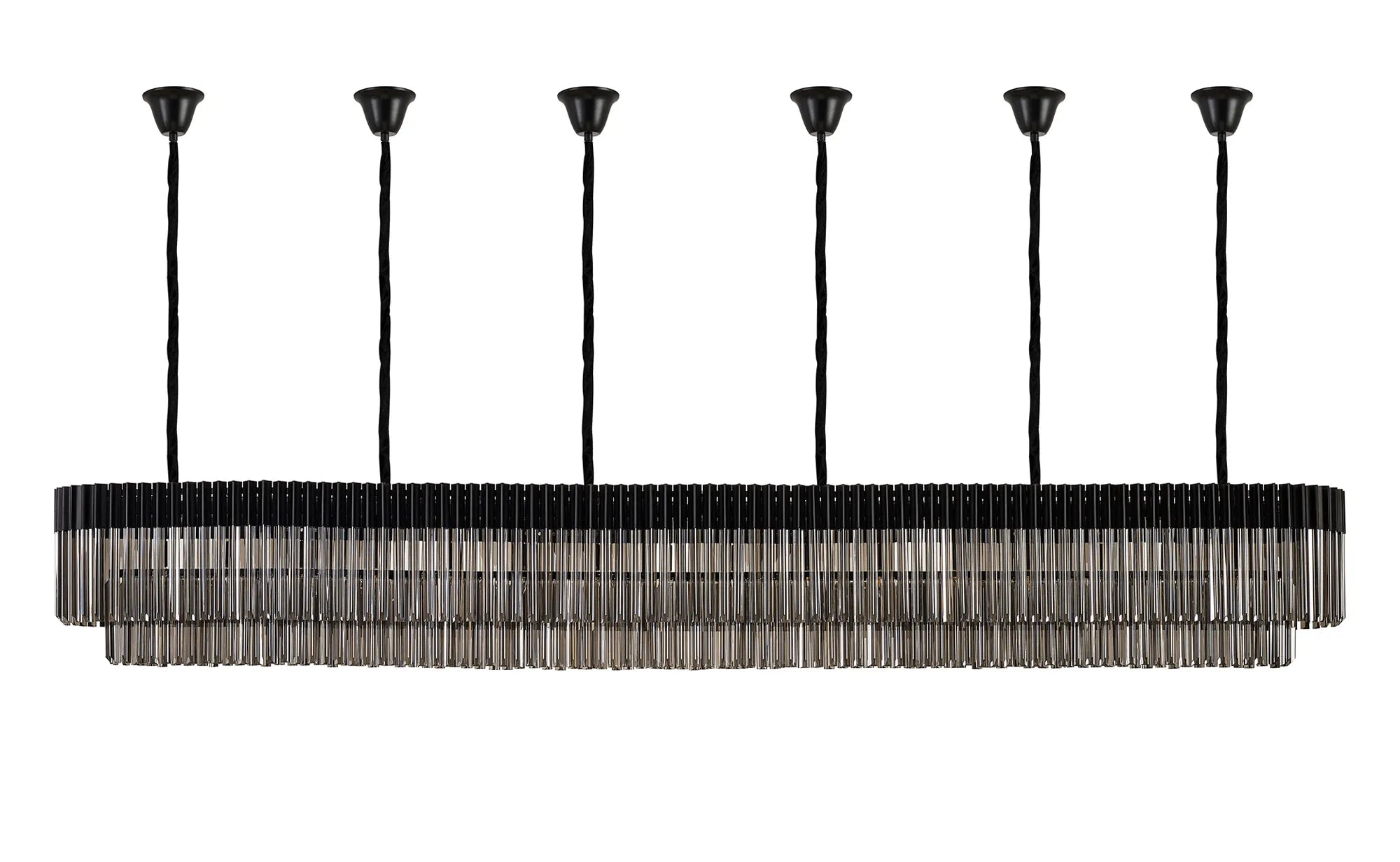 Cedar 300 x 40cm Linear Pendant With Bell Cup 16 Light - Matt Black & Smoked Sculpted Glass