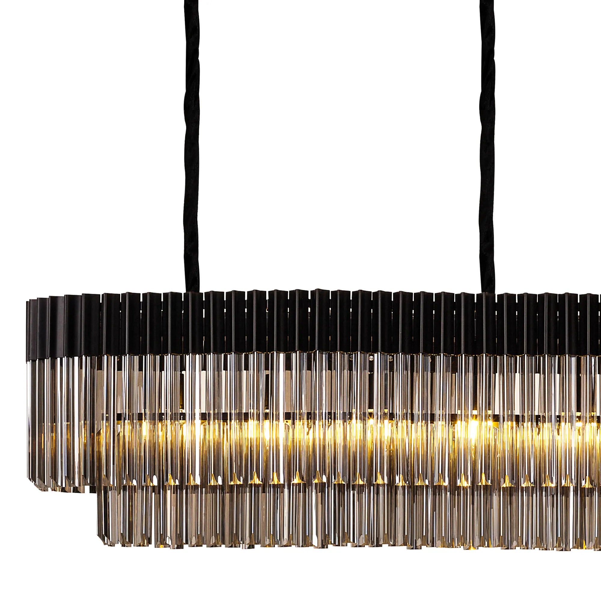 Cedar 300 x 40cm Linear Pendant With Bell Cup 16 Light - Matt Black & Smoked Sculpted Glass