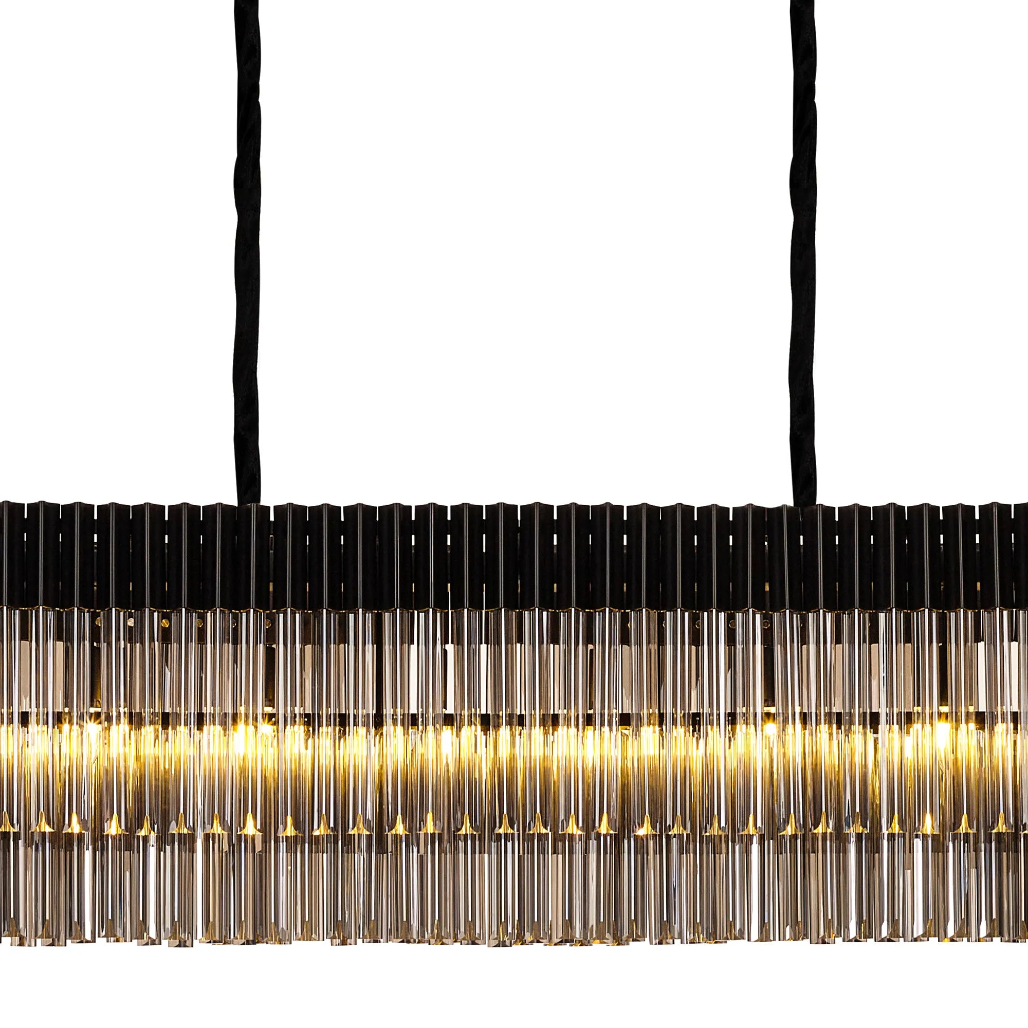 Cedar 300 x 40cm Linear Pendant With Bell Cup 16 Light - Matt Black & Smoked Sculpted Glass
