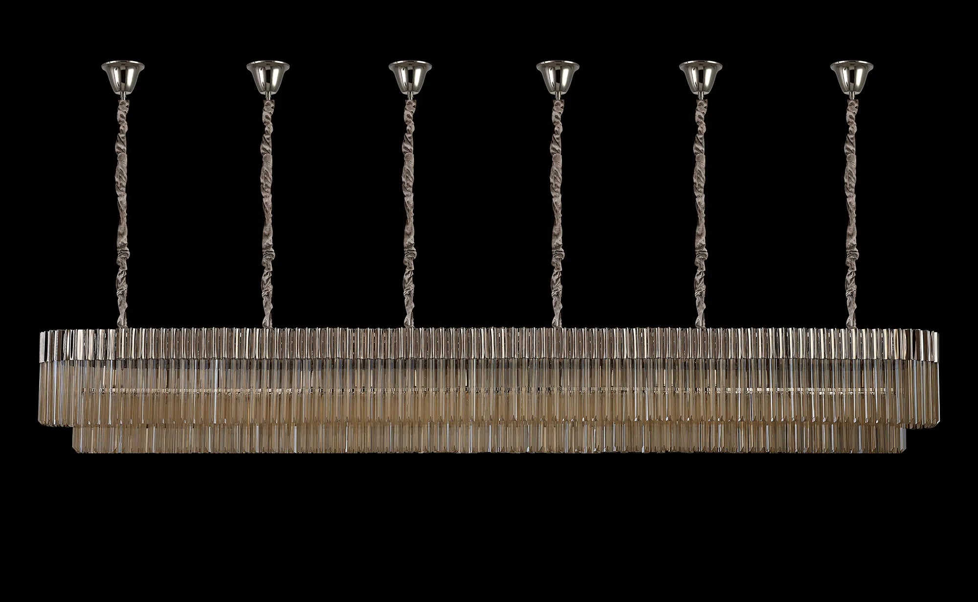 Cedar 300 x 40cm Linear Pendant With Bell Cup 16 Light - Polished Nickel & Cognac Sculpted Glass