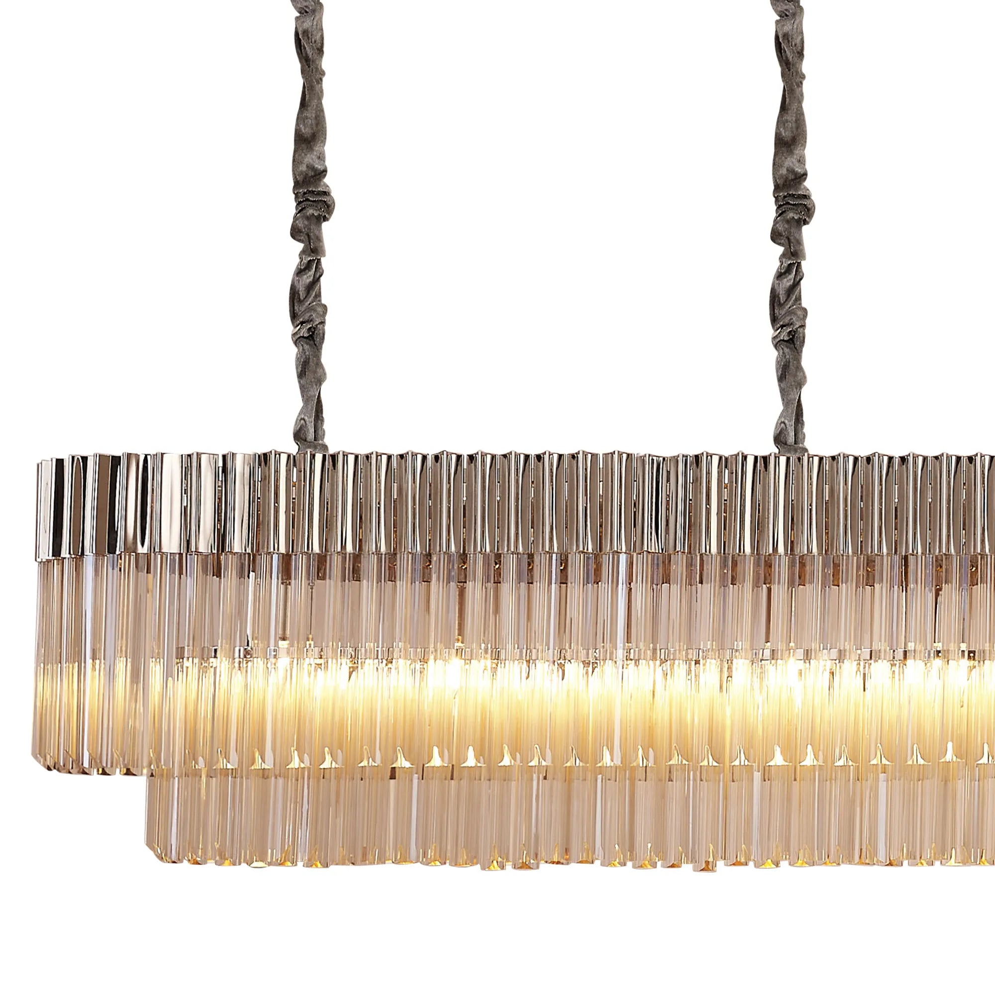 Cedar 300 x 40cm Linear Pendant With Bell Cup 16 Light - Polished Nickel & Cognac Sculpted Glass