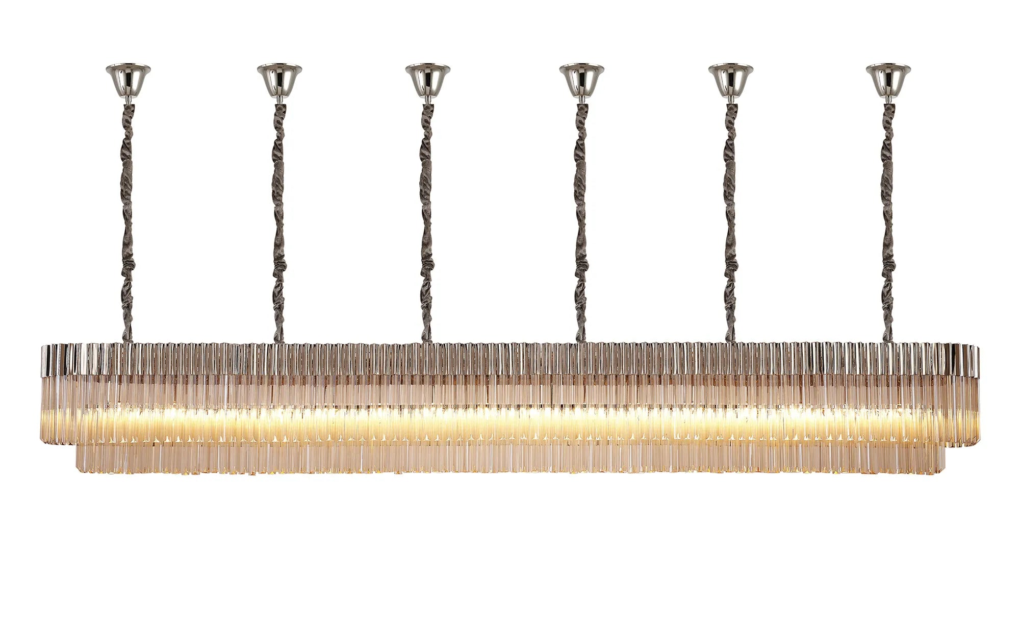 Cedar 300 x 40cm Linear Pendant With Bell Cup 16 Light - Polished Nickel & Cognac Sculpted Glass