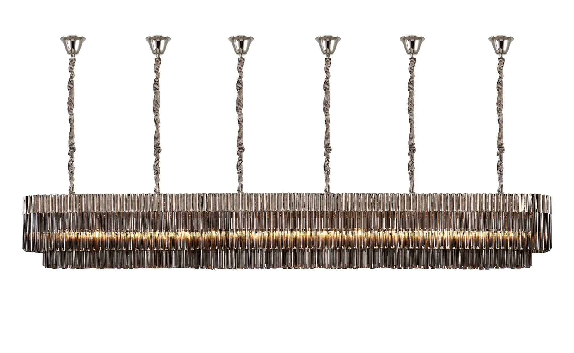 Cedar 300 x 40cm Linear Pendant With Bell Cup 16 Light - Polished Nickel & Smoked Sculpted Glass