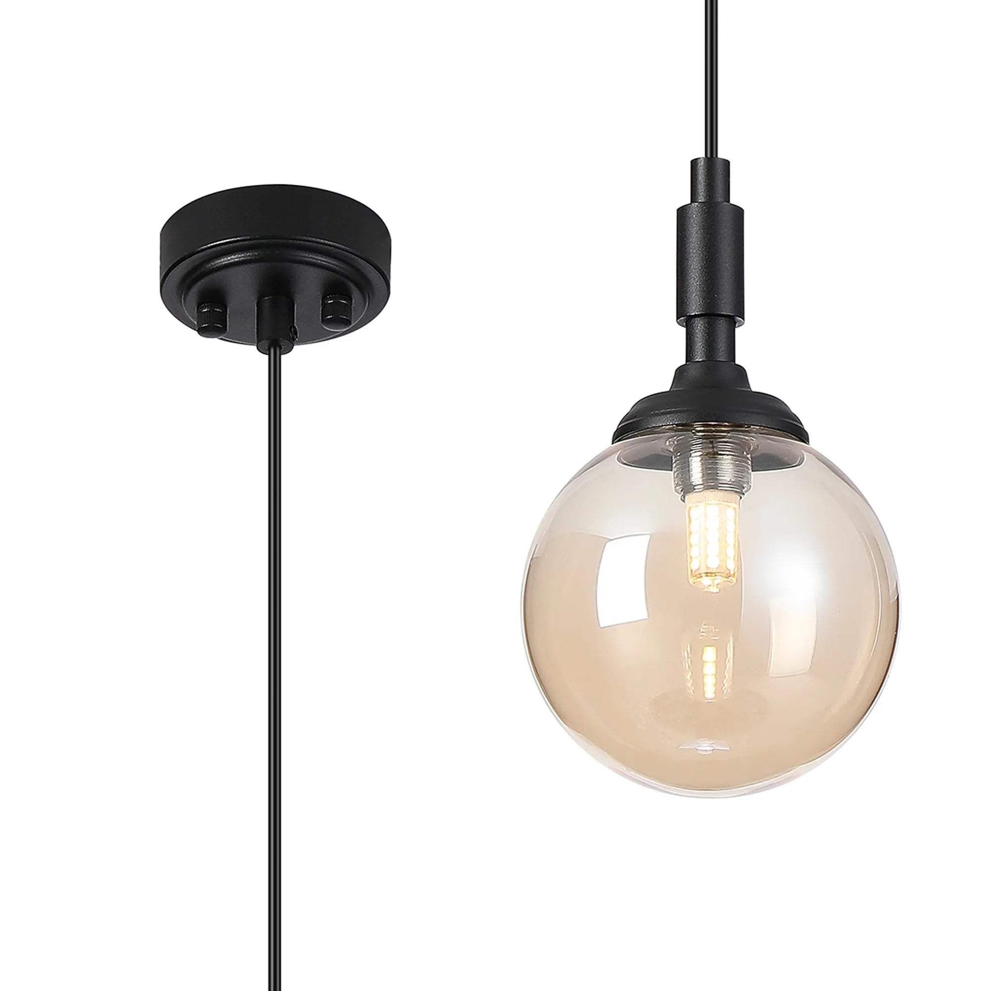 Dene Pendant 1 Light - IP44 Satin Black & Amber Smooth Round Glass