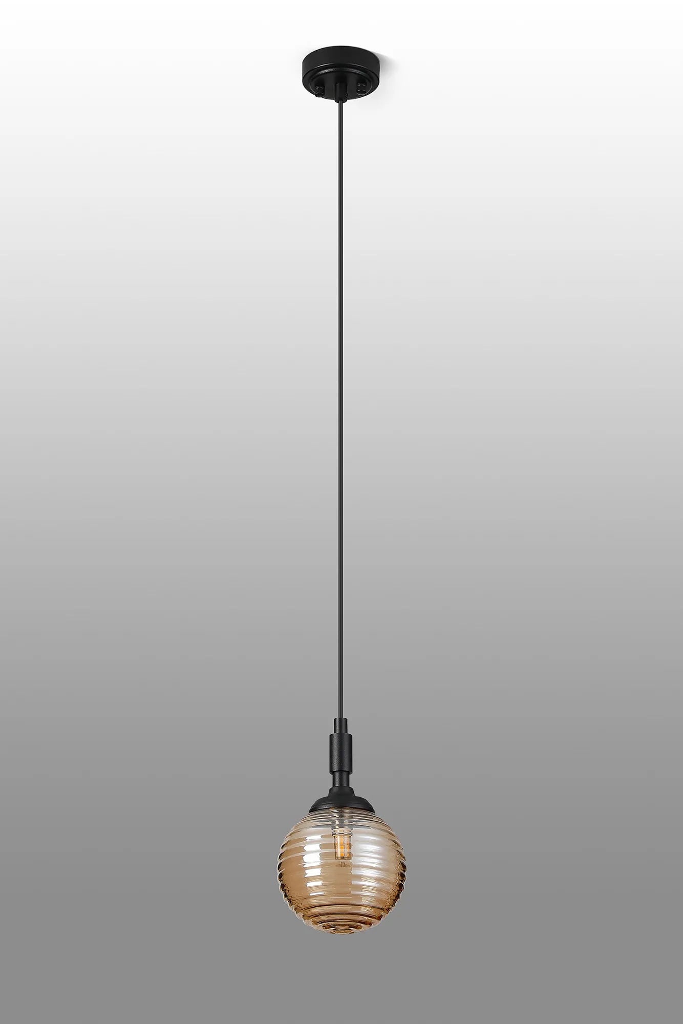 Dene Pendant 1 Light - IP44 Satin Black & Amber Ribbed Round Glass