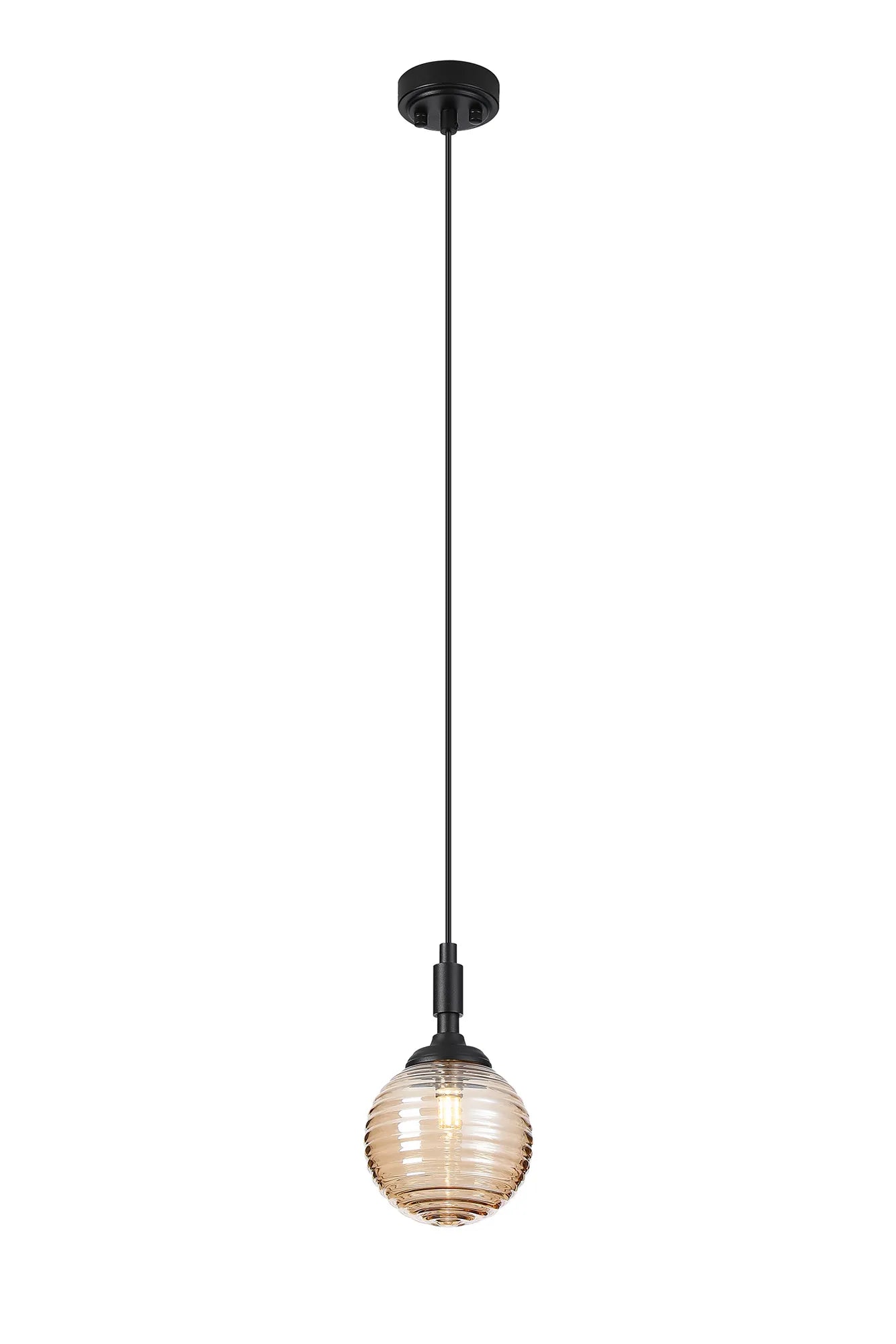Dene Pendant 1 Light - IP44 Satin Black & Amber Ribbed Round Glass