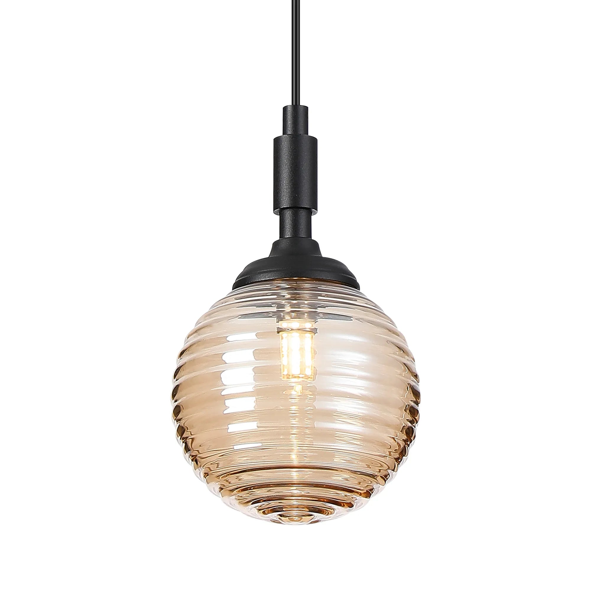 Dene Pendant 1 Light - IP44 Satin Black & Amber Ribbed Round Glass