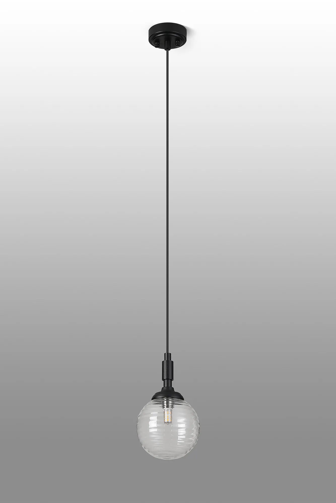 Dene Pendant 1 Light - IP44 Satin Black & Clear Ribbed Round Glass