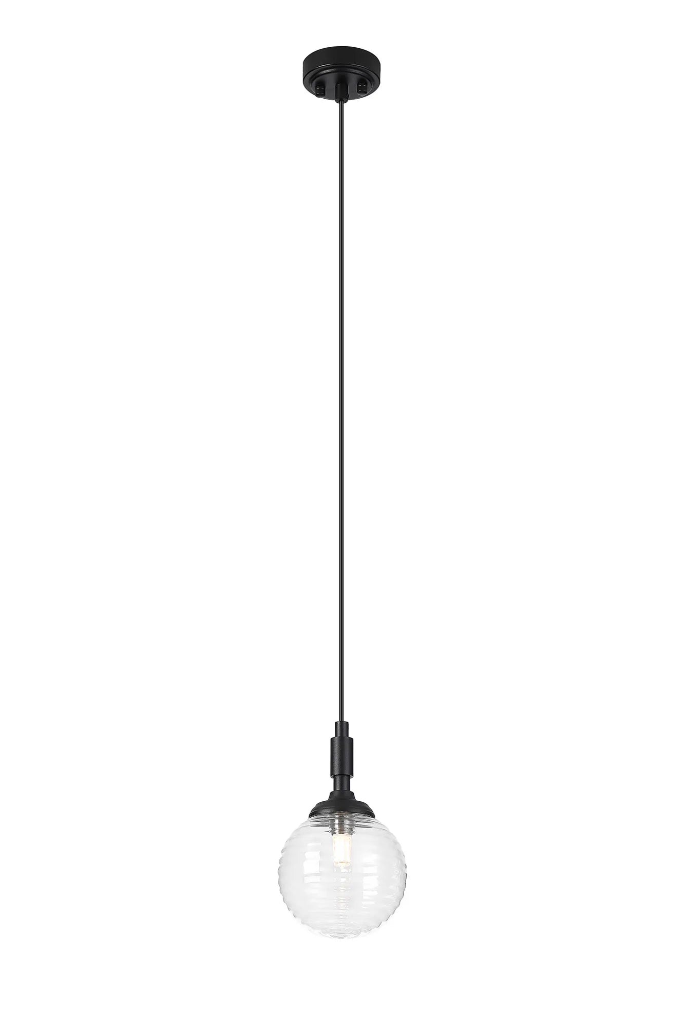 Dene Pendant 1 Light - IP44 Satin Black & Clear Ribbed Round Glass