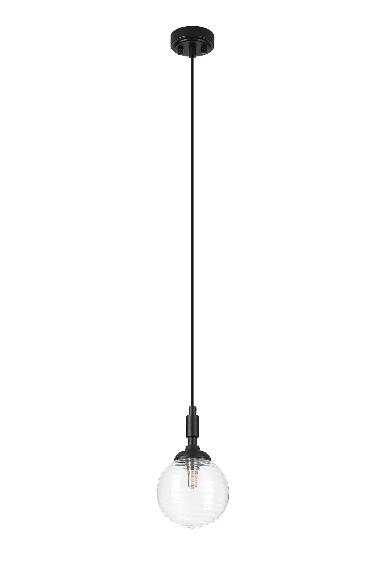 Dene Pendant 1 Light - IP44 Satin Black & Clear Ribbed Round Glass