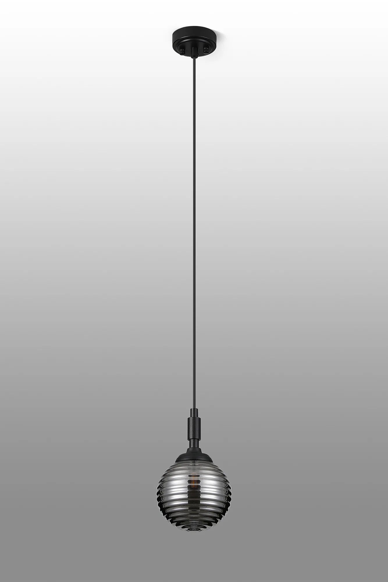 Dene Pendant 1 Light - IP44 Satin Black & Smoke Ribbed Round Glass