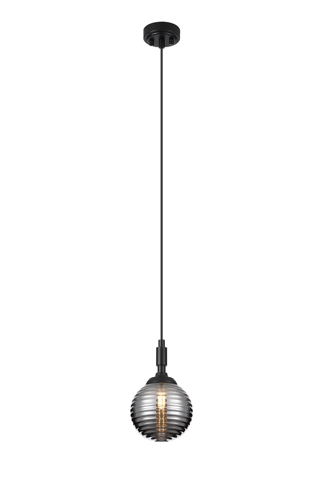 Dene Pendant 1 Light - IP44 Satin Black & Smoke Ribbed Round Glass