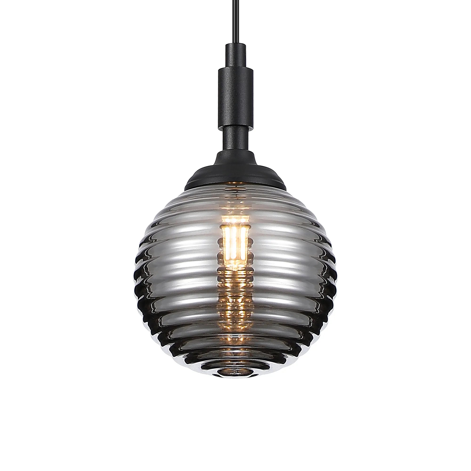 Dene Pendant 1 Light - IP44 Satin Black & Smoke Ribbed Round Glass