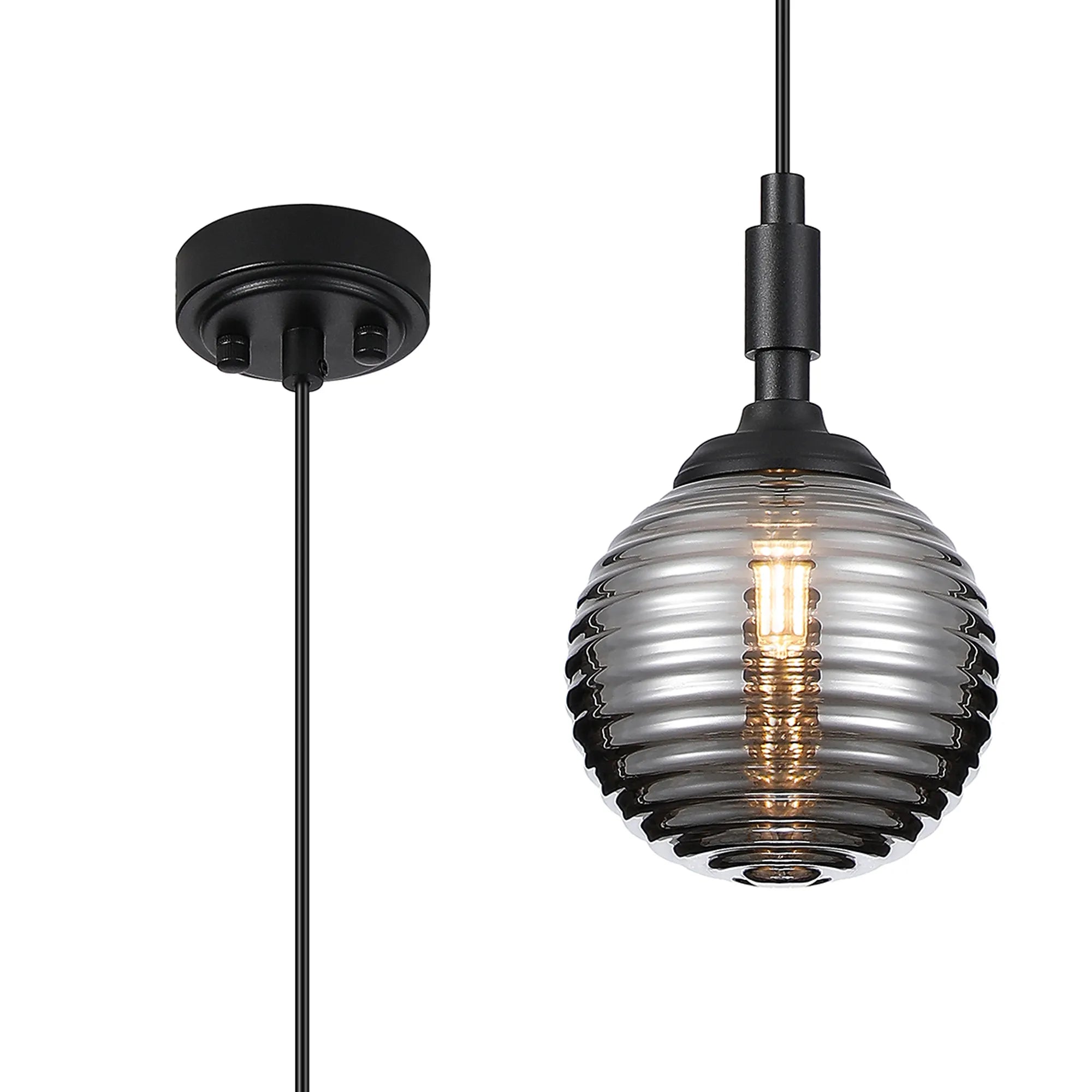 Dene Pendant 1 Light - IP44 Satin Black & Smoke Ribbed Round Glass