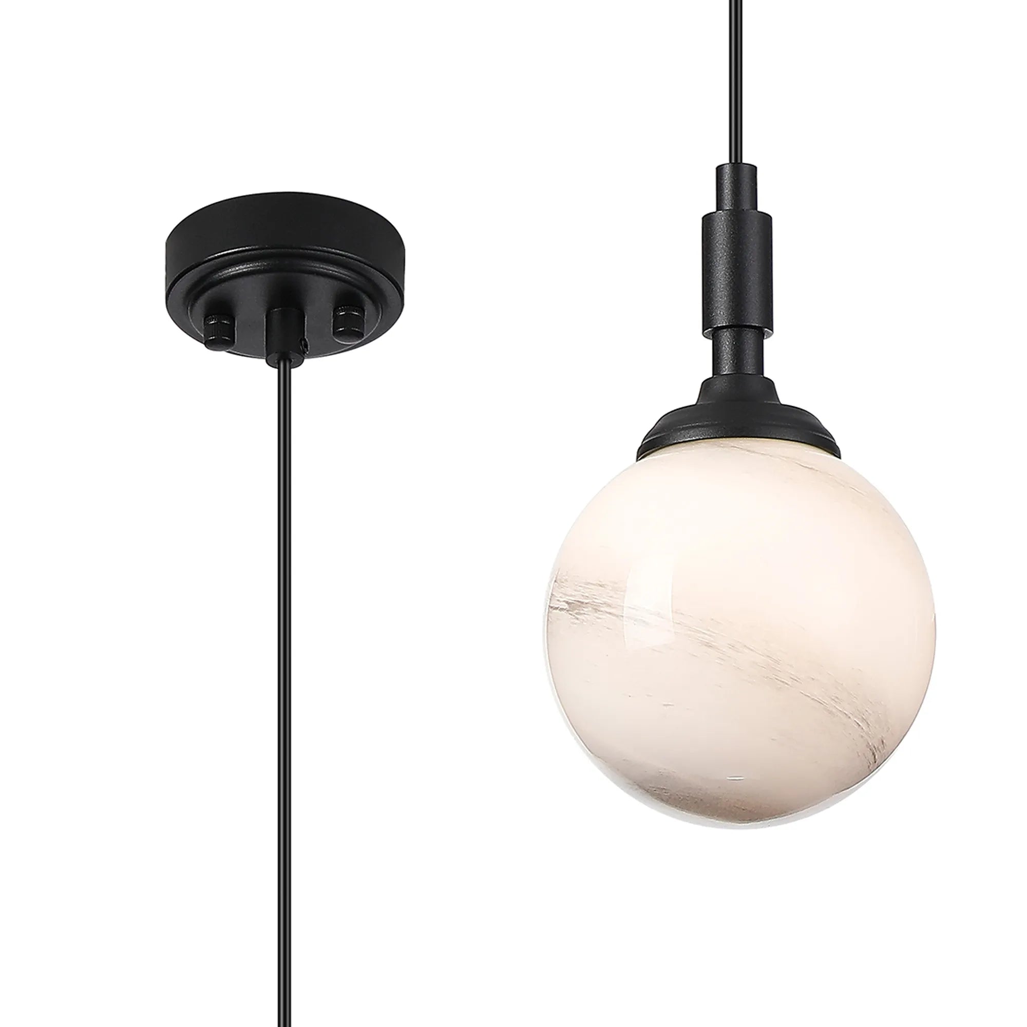 Dene Pendant 1 Light - IP44 Satin Black & Grey & White Round Marble Effect Glass