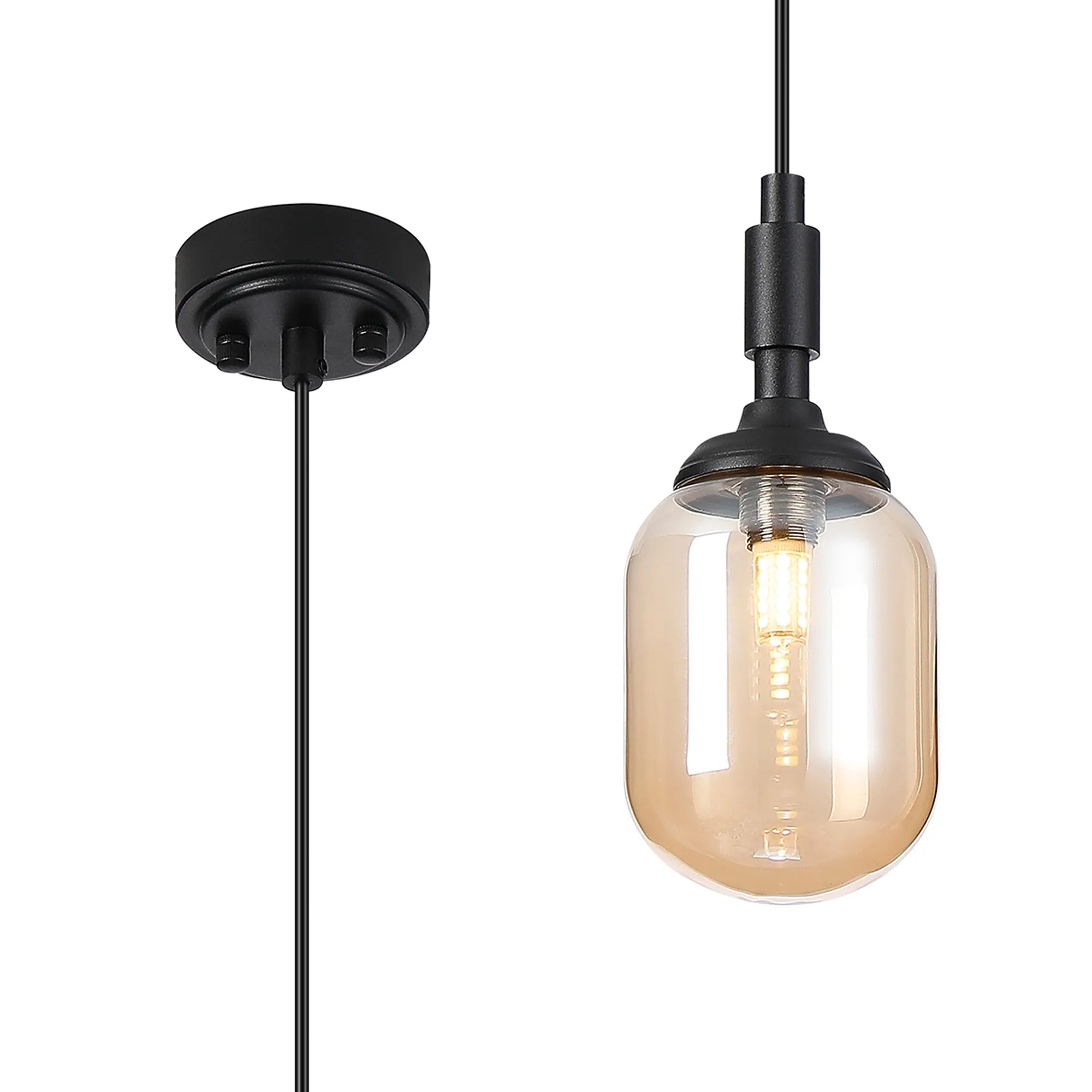 Dene Pendant 1 Light - IP44 Satin Black & Amber Smooth Tubular Glass