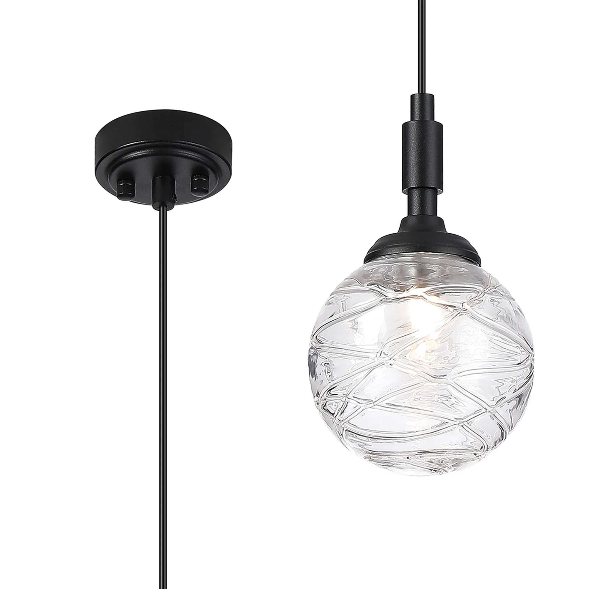 Dene Pendant 1 Light - IP44 Satin Black & Clear Dune Effect Round Glass