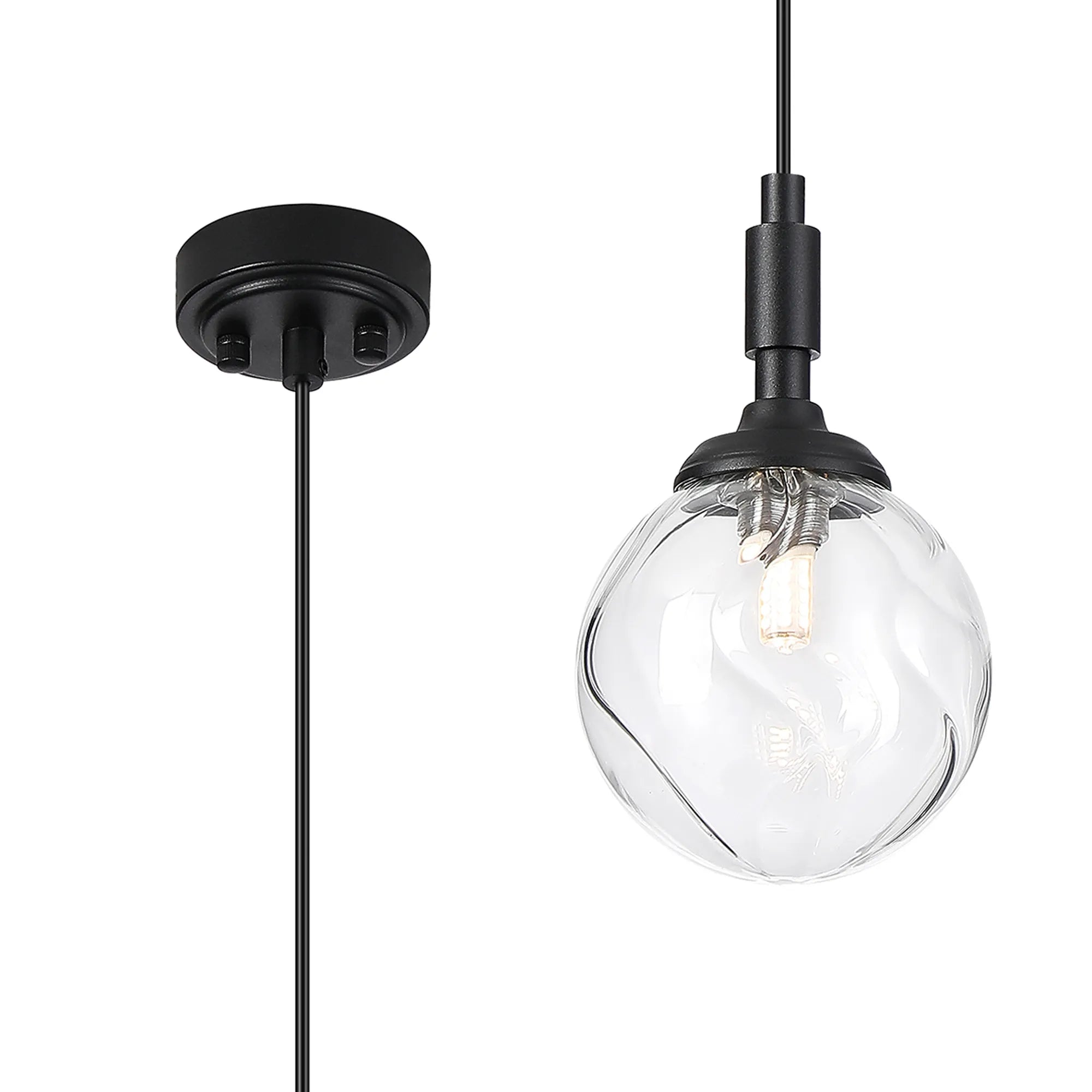 Dene Pendant 1 Light - IP44 Satin Black & Clear Waved Round Glass