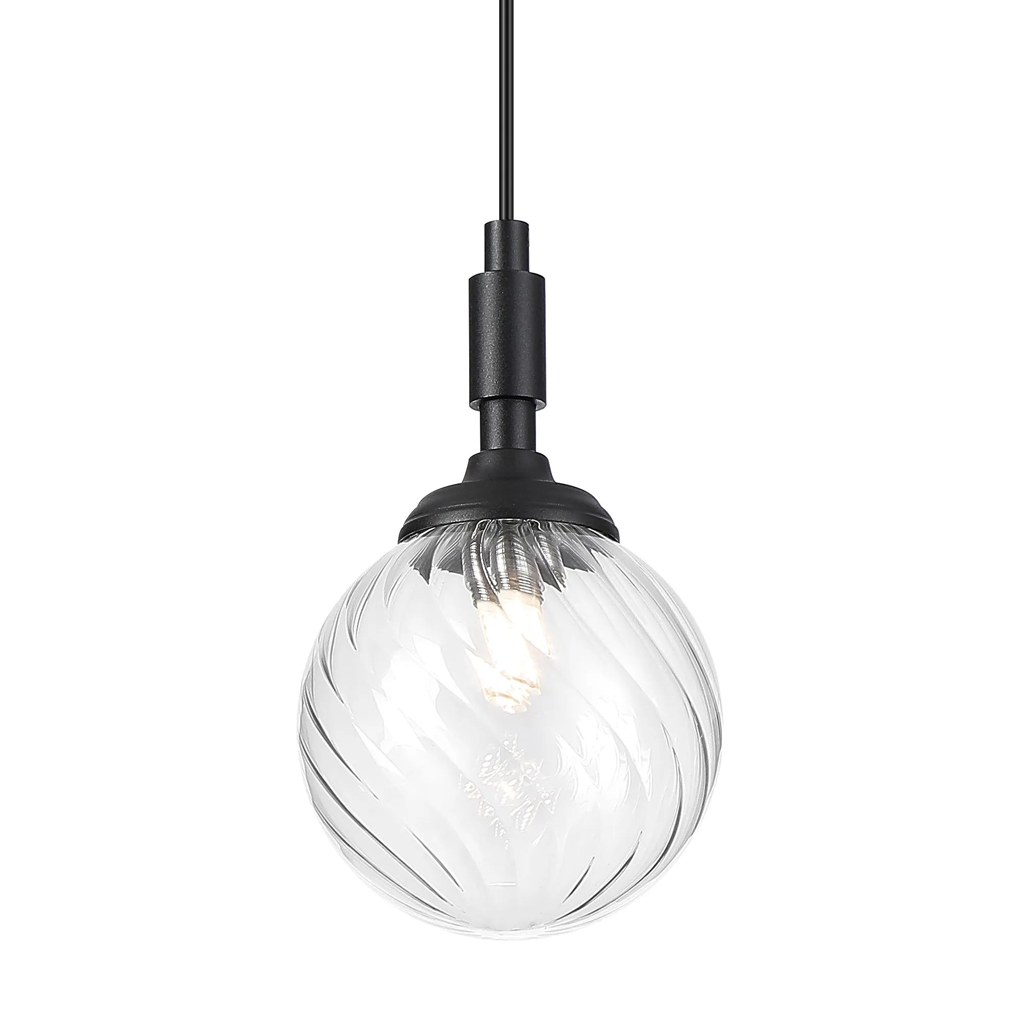Dene Pendant 1 Light - IP44 Satin Black & Clear Swirl Round Glass